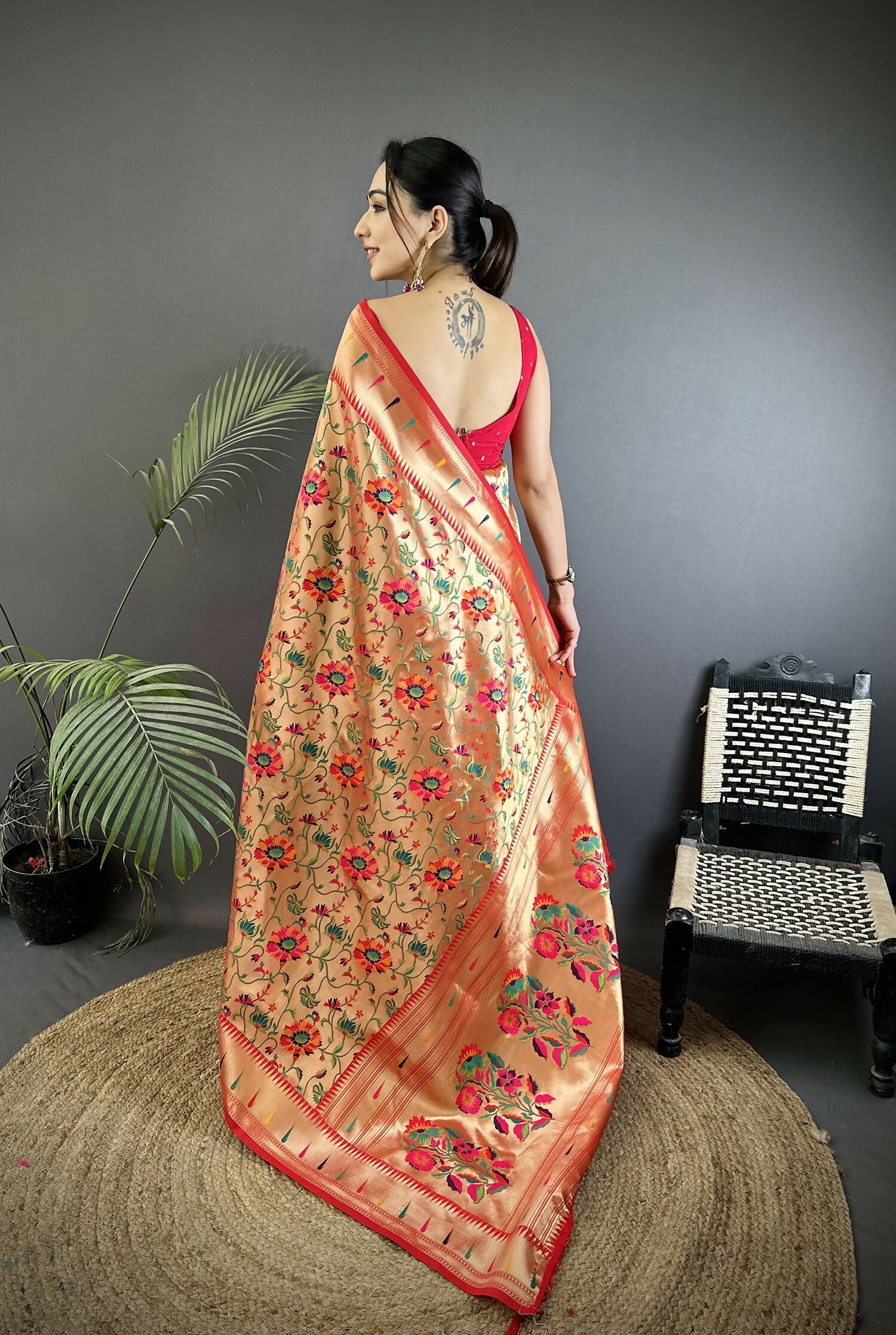 Joban Fashion Light Orange Floral  & Peacock Motifs Soft Silk Paithani Saree