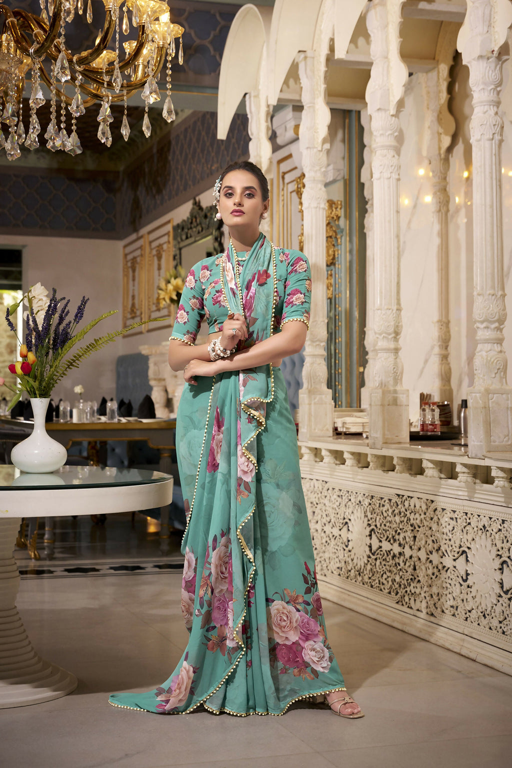 Vastranavya Green Spectacular Georgette Printed with Pearl Lace Saree with Unstitched Blouse