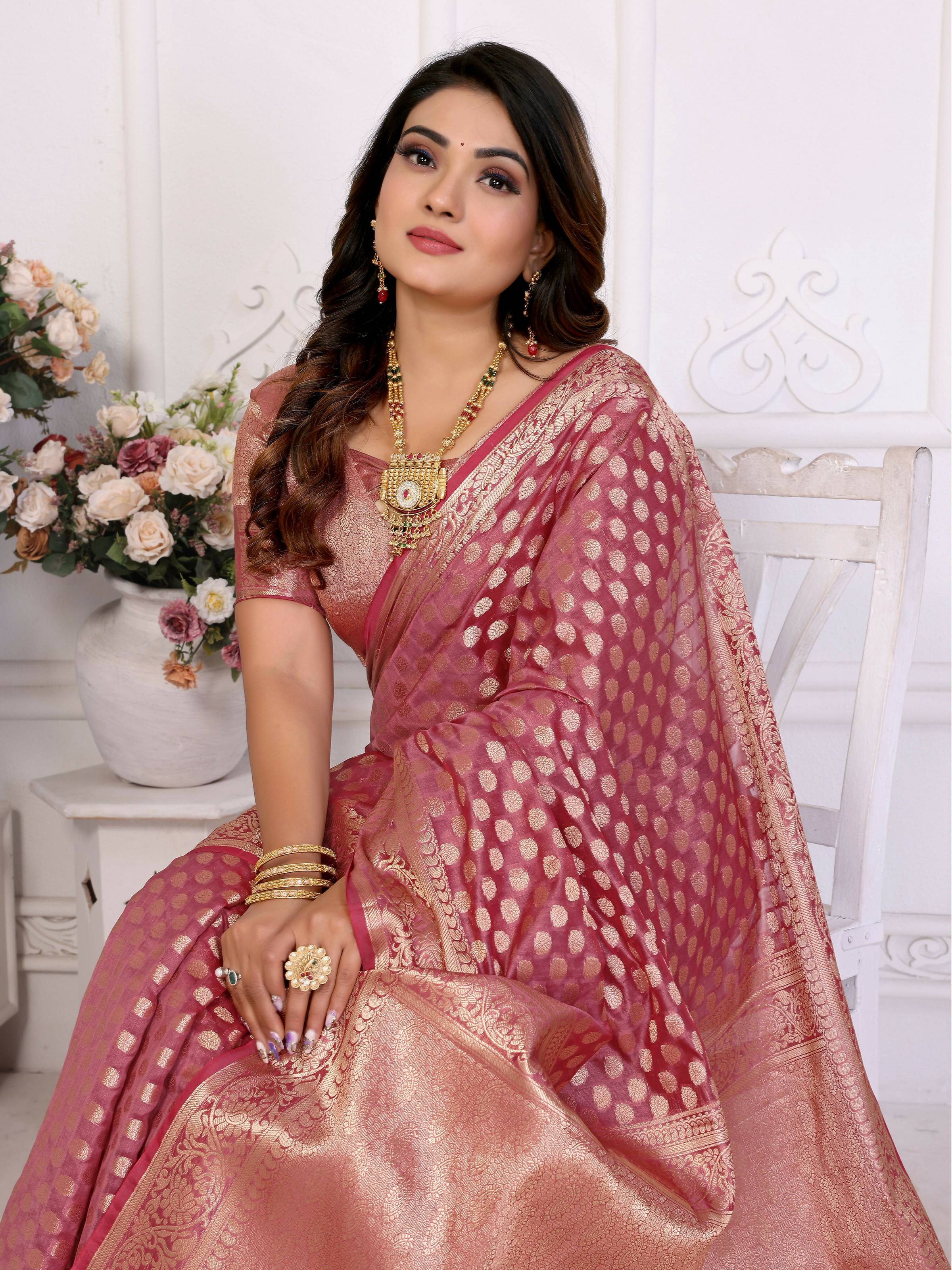 Aastha Fashion Light Pink Organza Silk Weaving Saree