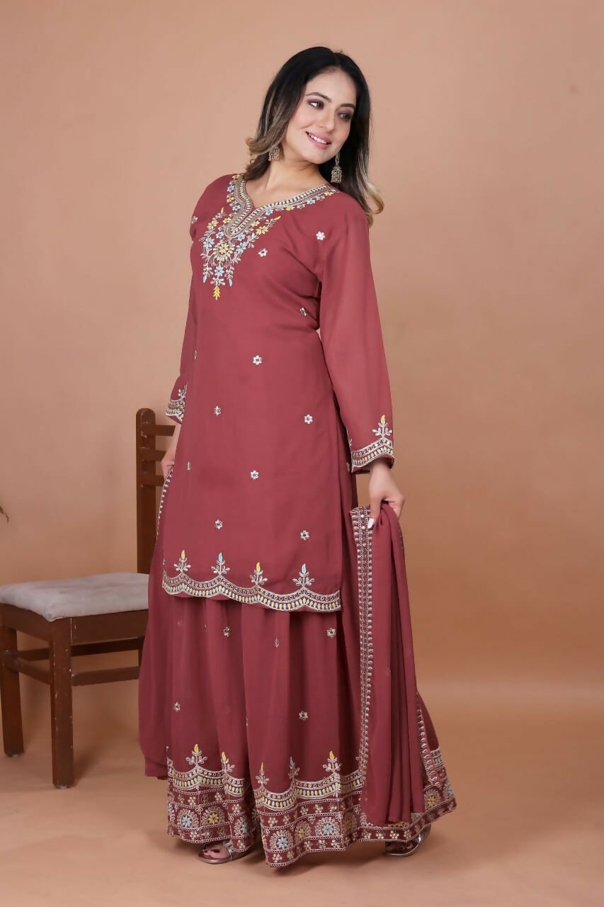 Teeya Creation Brown Color Faux Georgette Embroidery Work Wedding Wear Palazzo Set