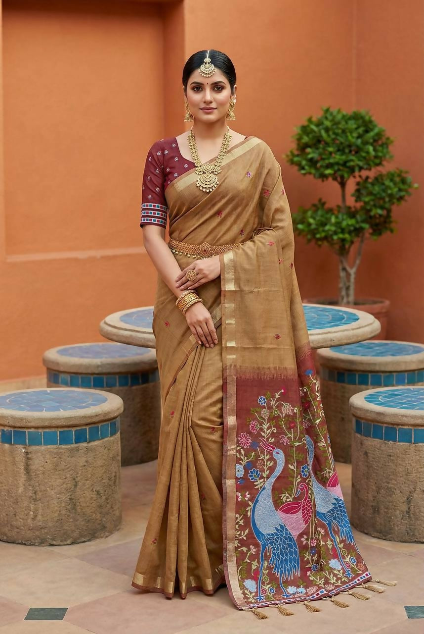 Vastranavya Cream Muga Cotton Meenakari & Azarakh Pallu Saree with Contrast Blouse
