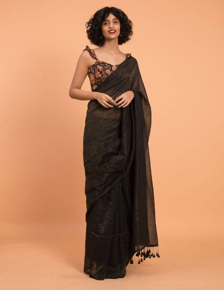 Suta Black Woven Zari Striped Pure Handloom Cotton Saree