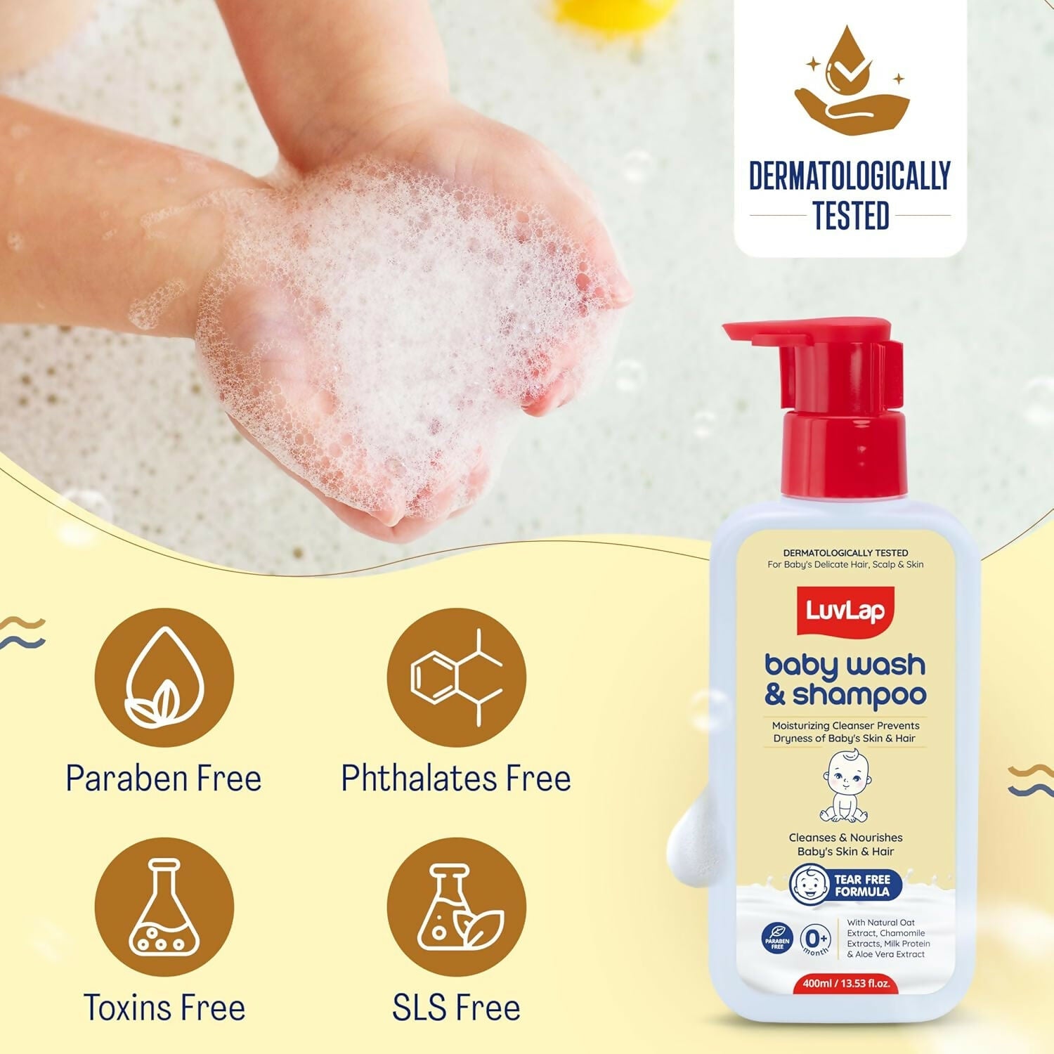LuvLap Baby Wash & Shampoo with Chamomile, Milk Protein, Oatmeal & Shea Butter