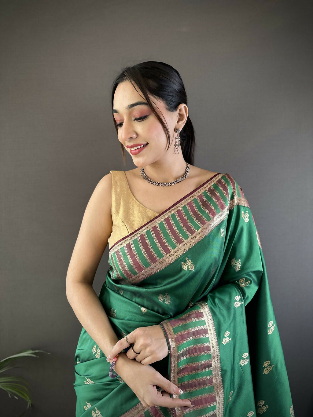 Joban Fashion Green Woven Zari Motifs Lichi Silk Banarasi Silk Saree
