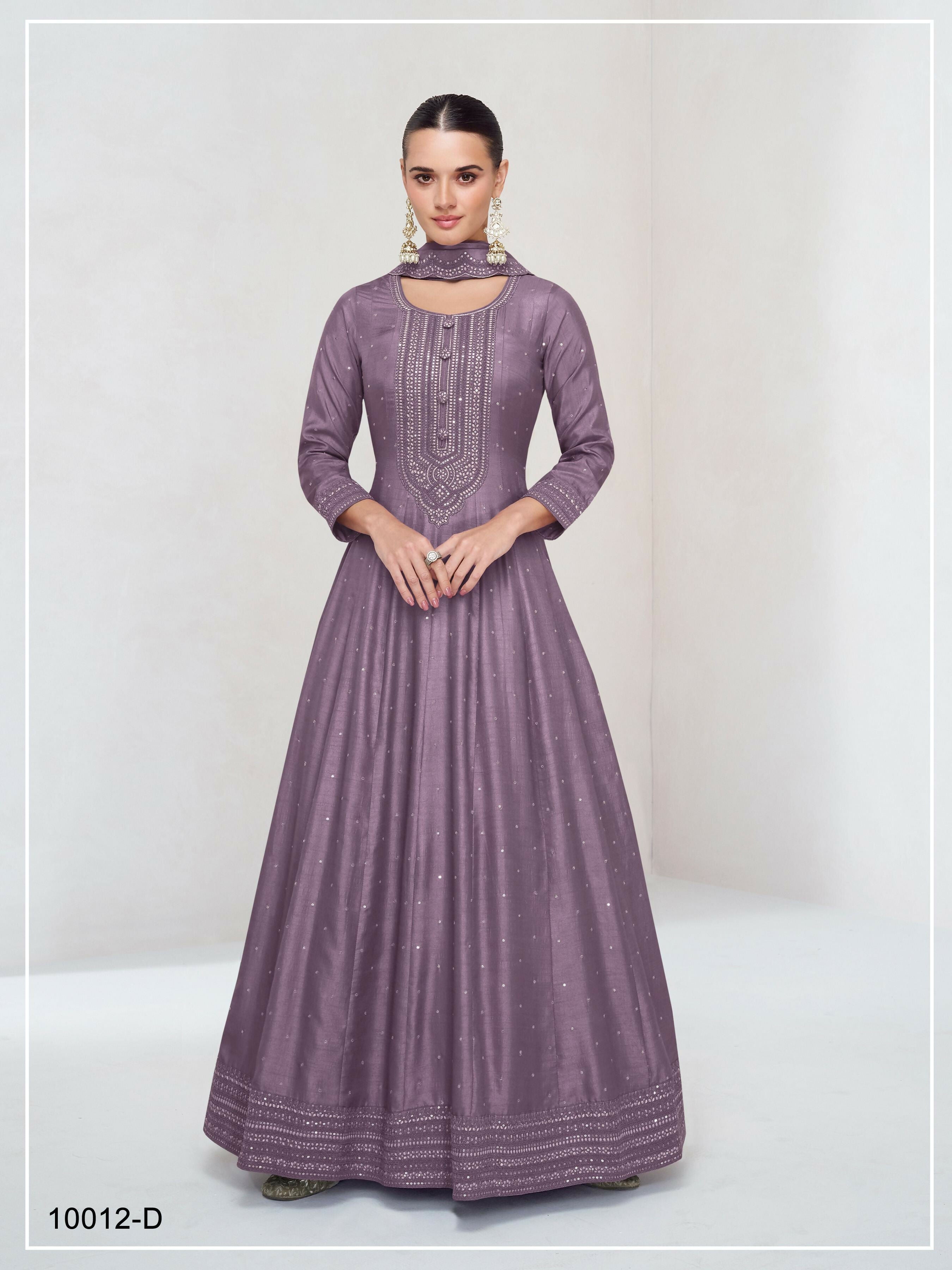 Teeya Creation Onion Color Heavy Vichitra Silk Embroidery Work Long Gown