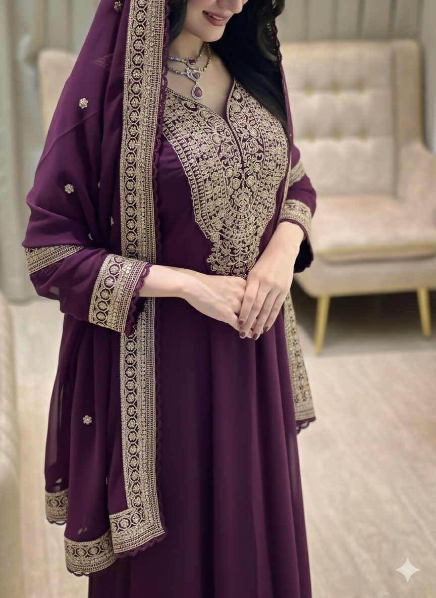 Teeya Creation Wine Color Faux Georgette Embroidery Work Long Party Wear Gown