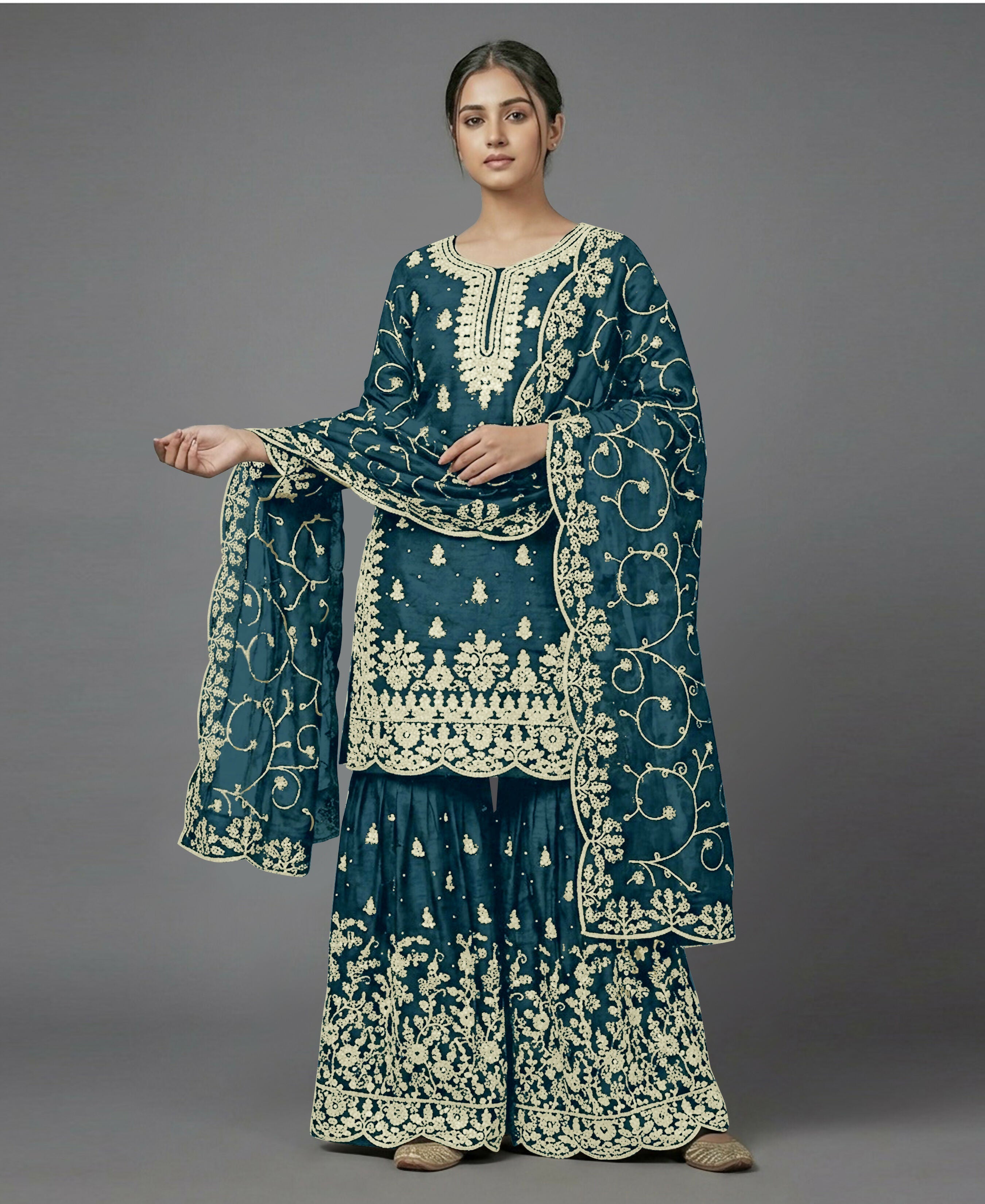 Teeya Creation Womens New Trendy Pure Gmy Silk With Heavy Embroidery Sequence Work Teal Kurta Set