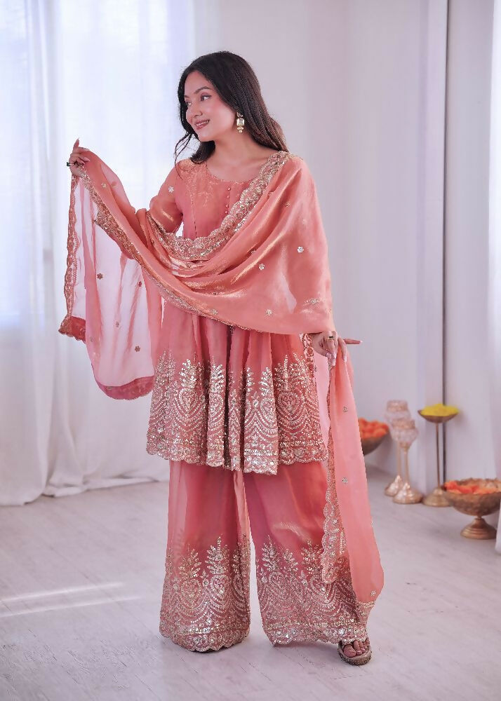 Teeya Creation Peach Color Fendy Satin Silk Embroidery Work Party Wear Salwar Suit