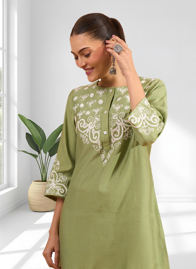 Joban Fashion Green Silk Embroidered Readymade Tunic