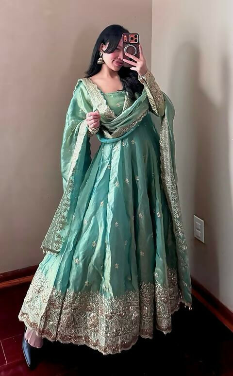 Teeya Creation Teal Fendy Silk Designer Heavy Work Wedding Wear Long Gown