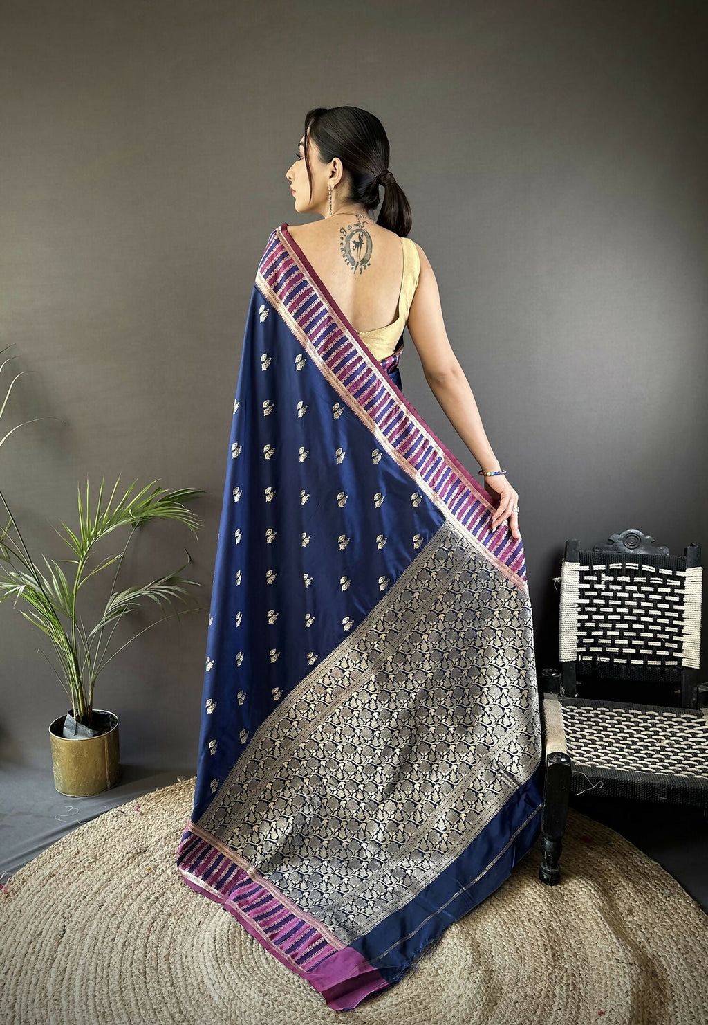 Joban Fashion Royal Blue Woven Zari Motifs Lichi Silk Banarasi Silk Saree