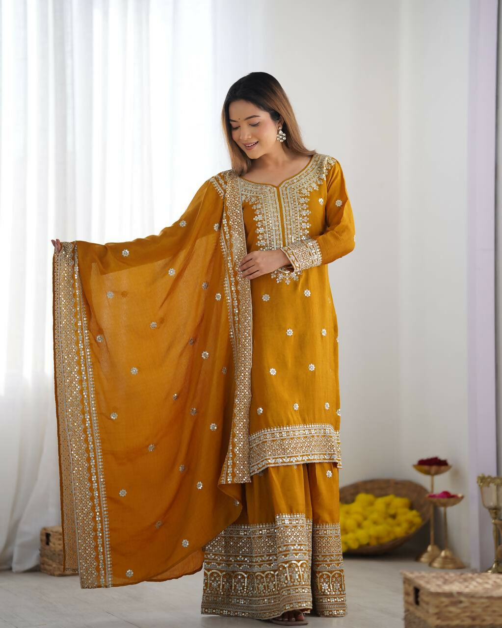 Joban Fashion Mustard Kurta Set Silk Sequins , Zari, Coding & Thread Embroidered work