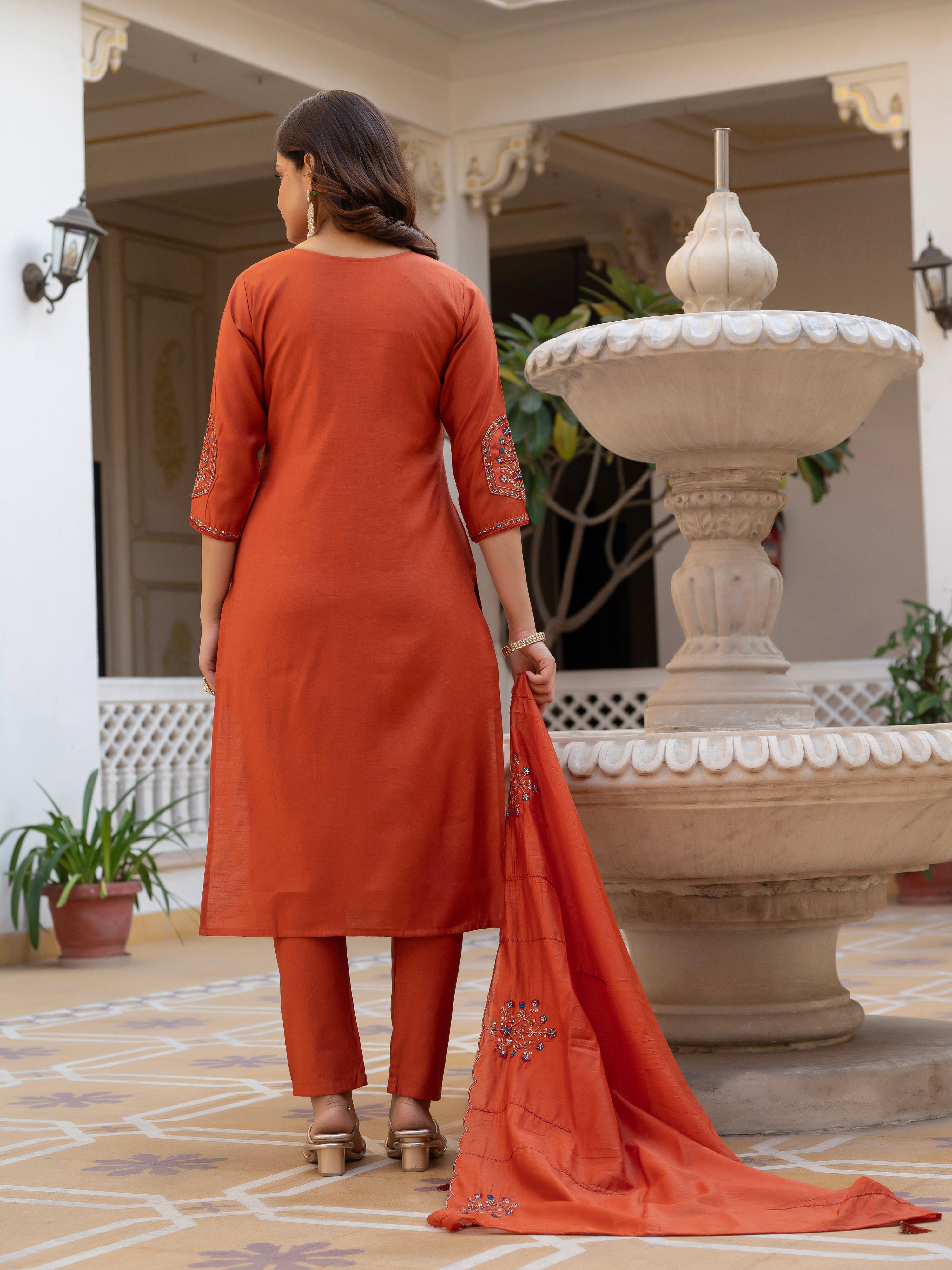 Pramukh Fab Orange Color Viscose Mango Silk Kurta Set