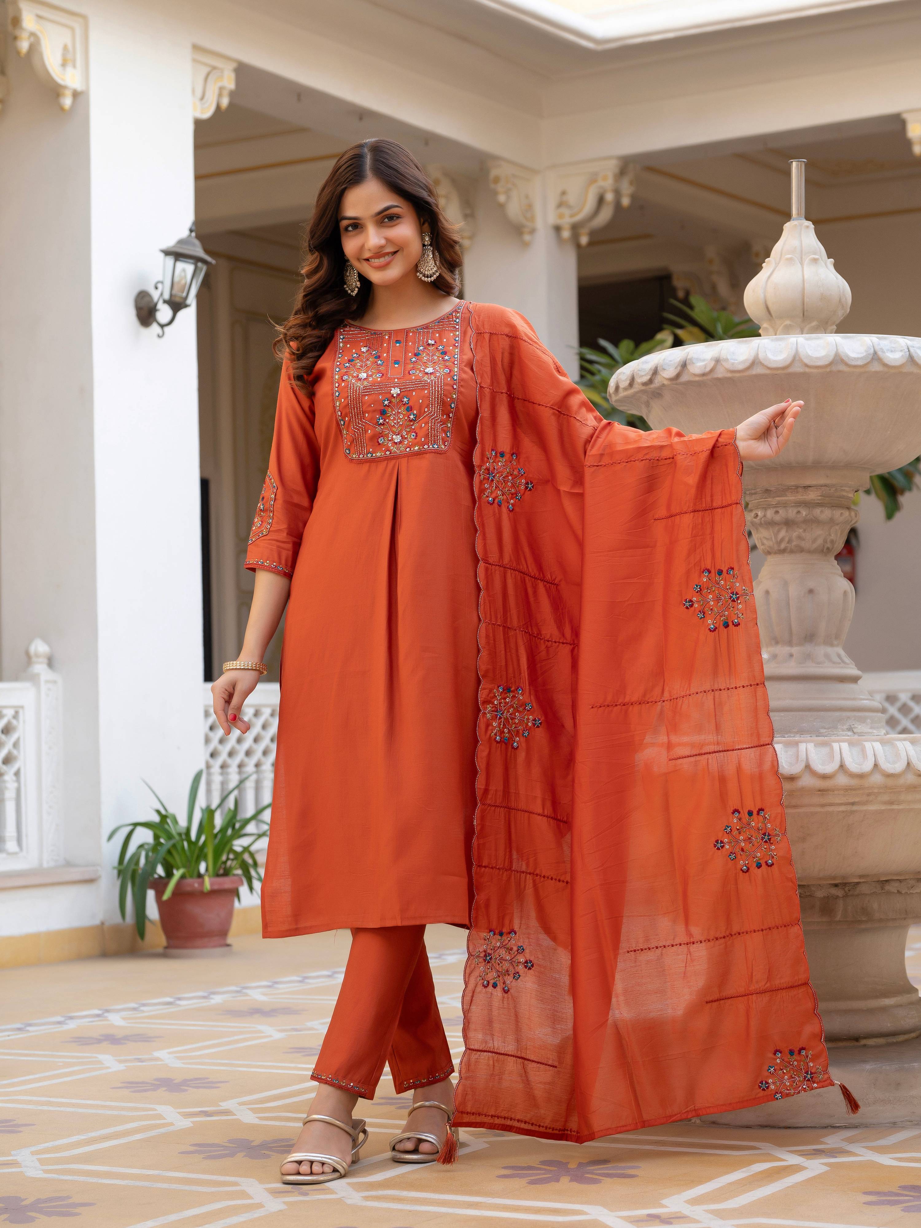 Pramukh Fab Orange Color Viscose Mango Silk Kurta Set