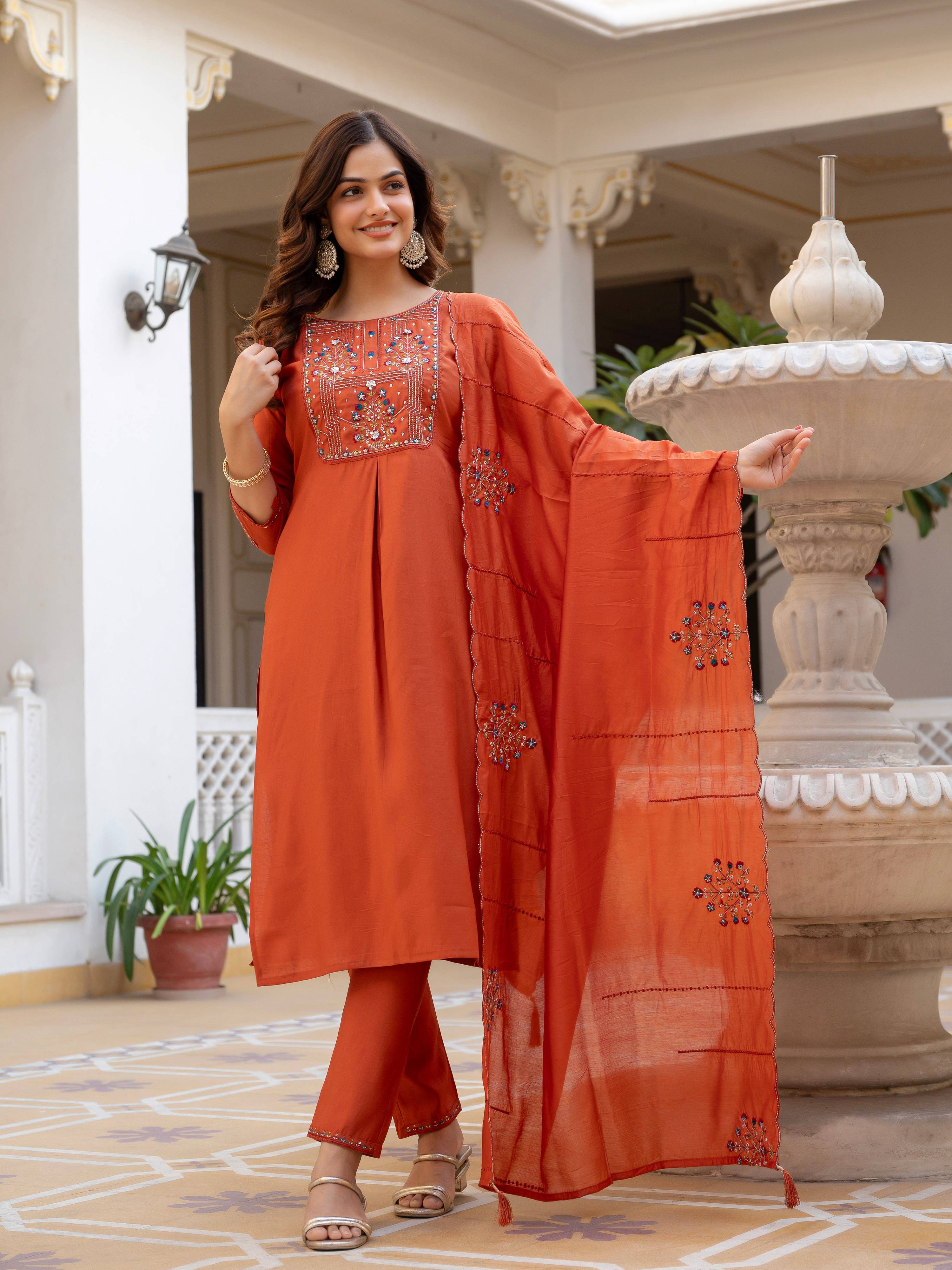 Pramukh Fab Orange Color Viscose Mango Silk Kurta Set