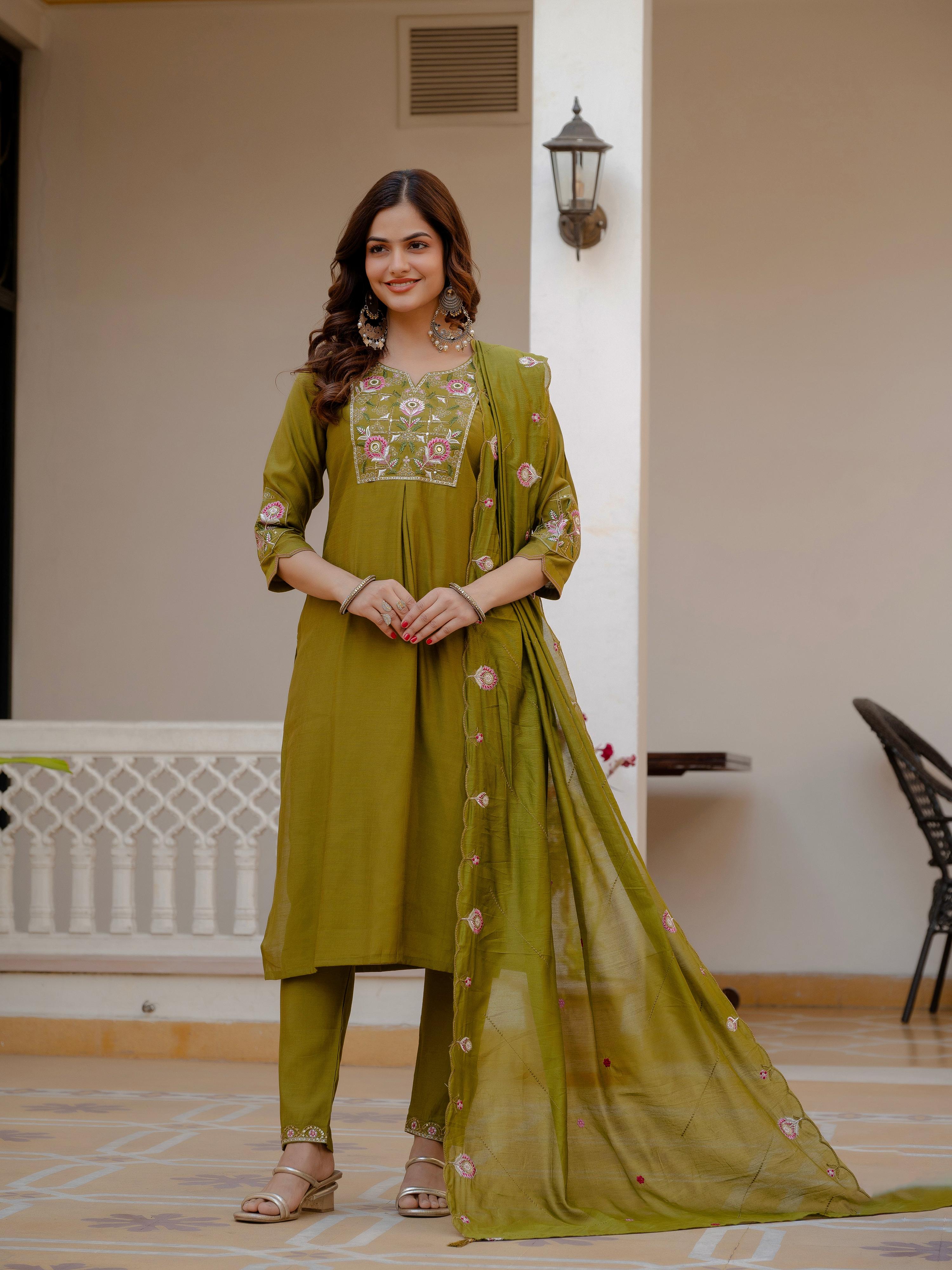 Pramukh Fab Mehendi Green Color Viscose Mango Silk Kurta Set
