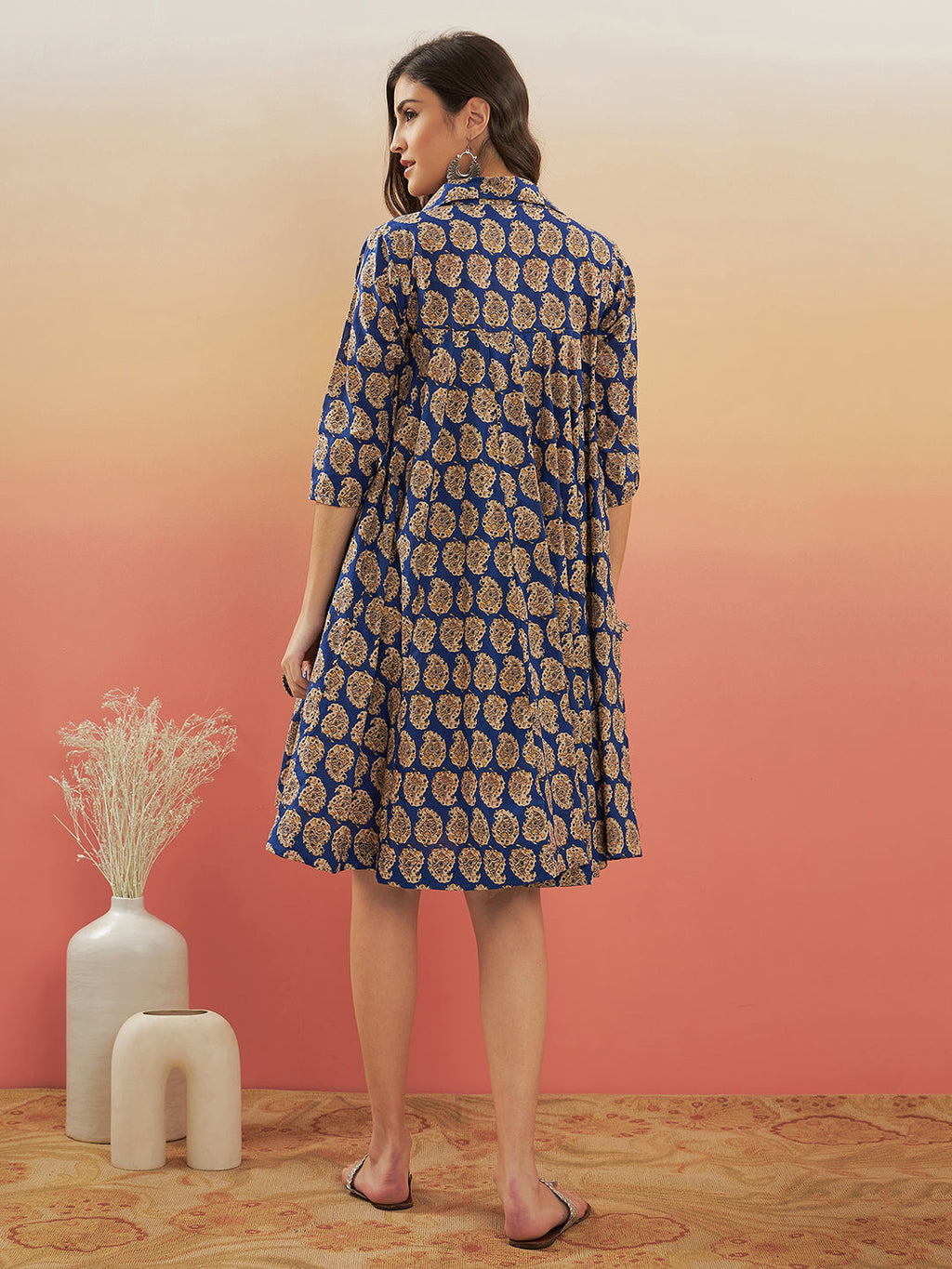InWeave Women's Ink Blue Small Paisley Kalamkari Flared Dress