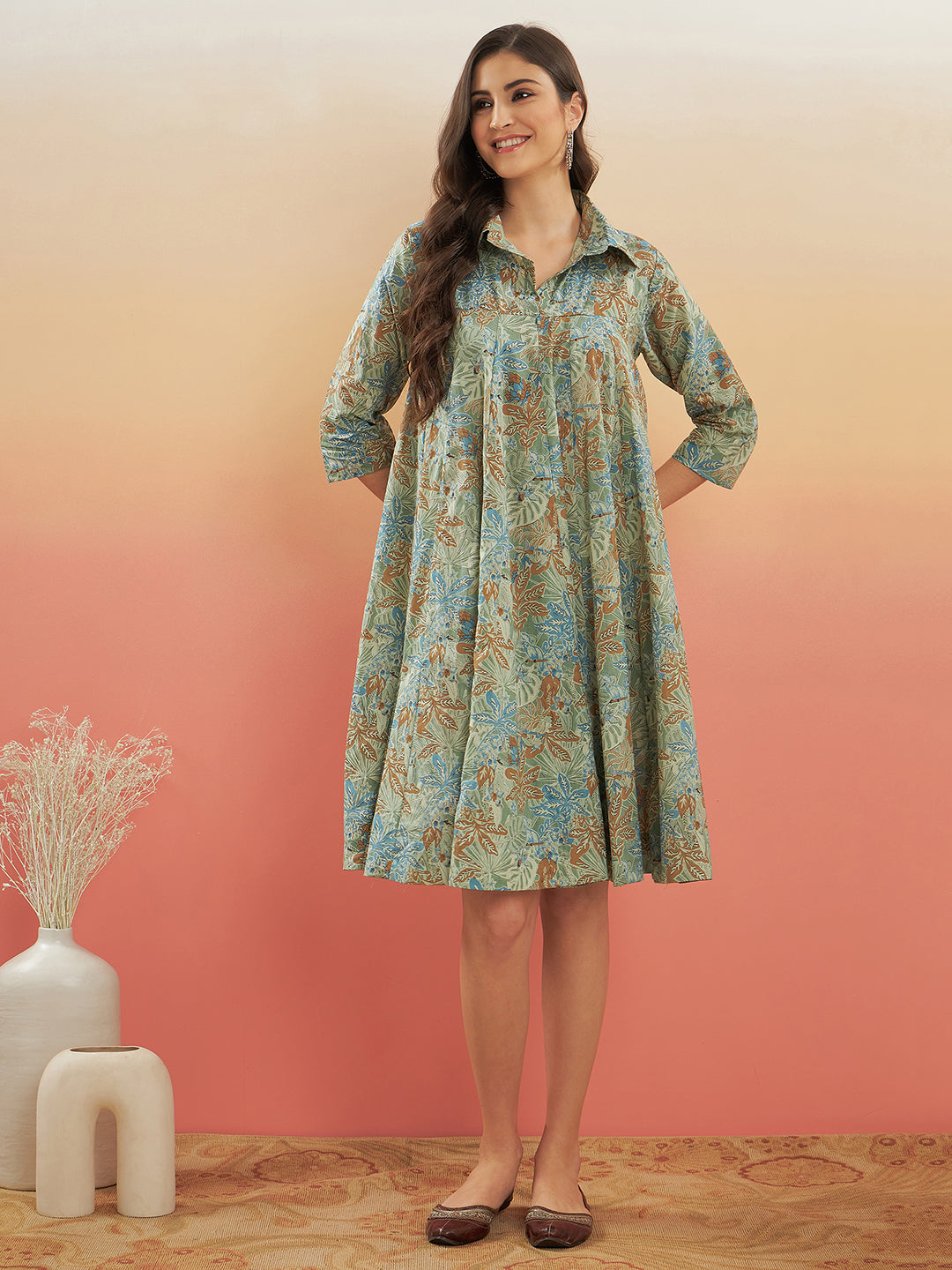 InWeave Women's Dull Green Leaf Floral Print Flared Dress