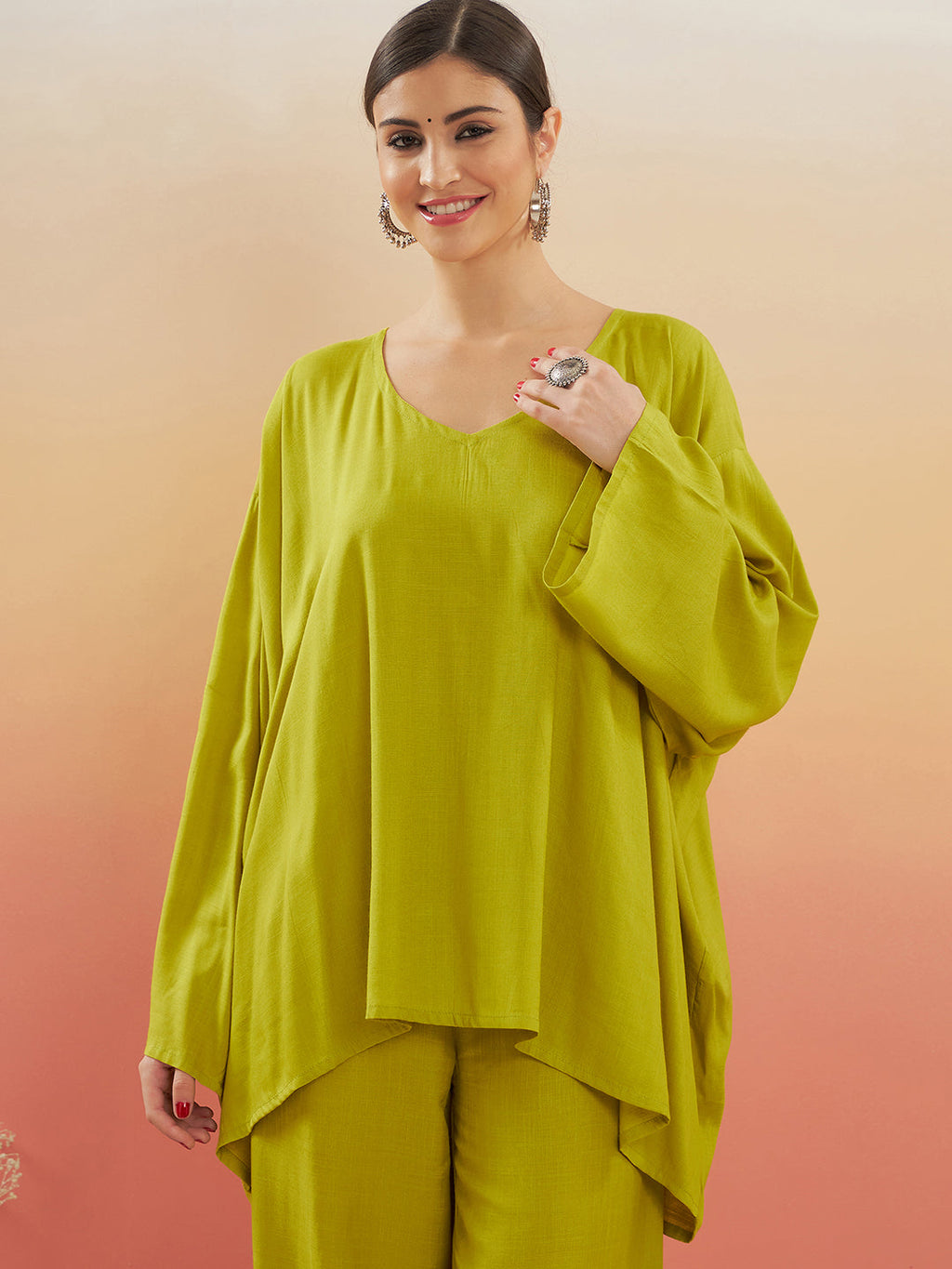 InWeave Women's Pear Green Solid Boho Full Sleeve Coord Set