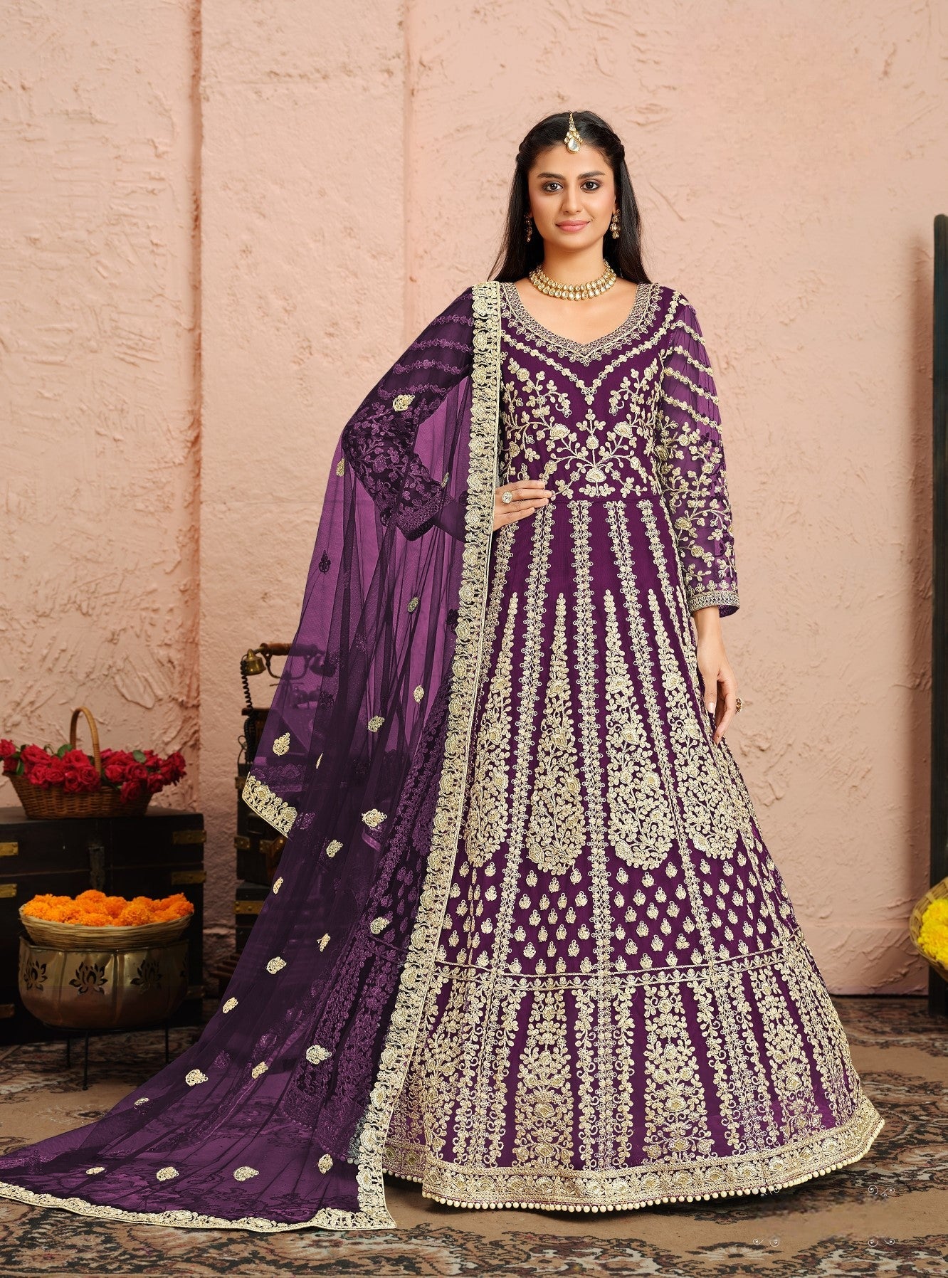Anaita Purple Embroidered Net Anarkali Suit