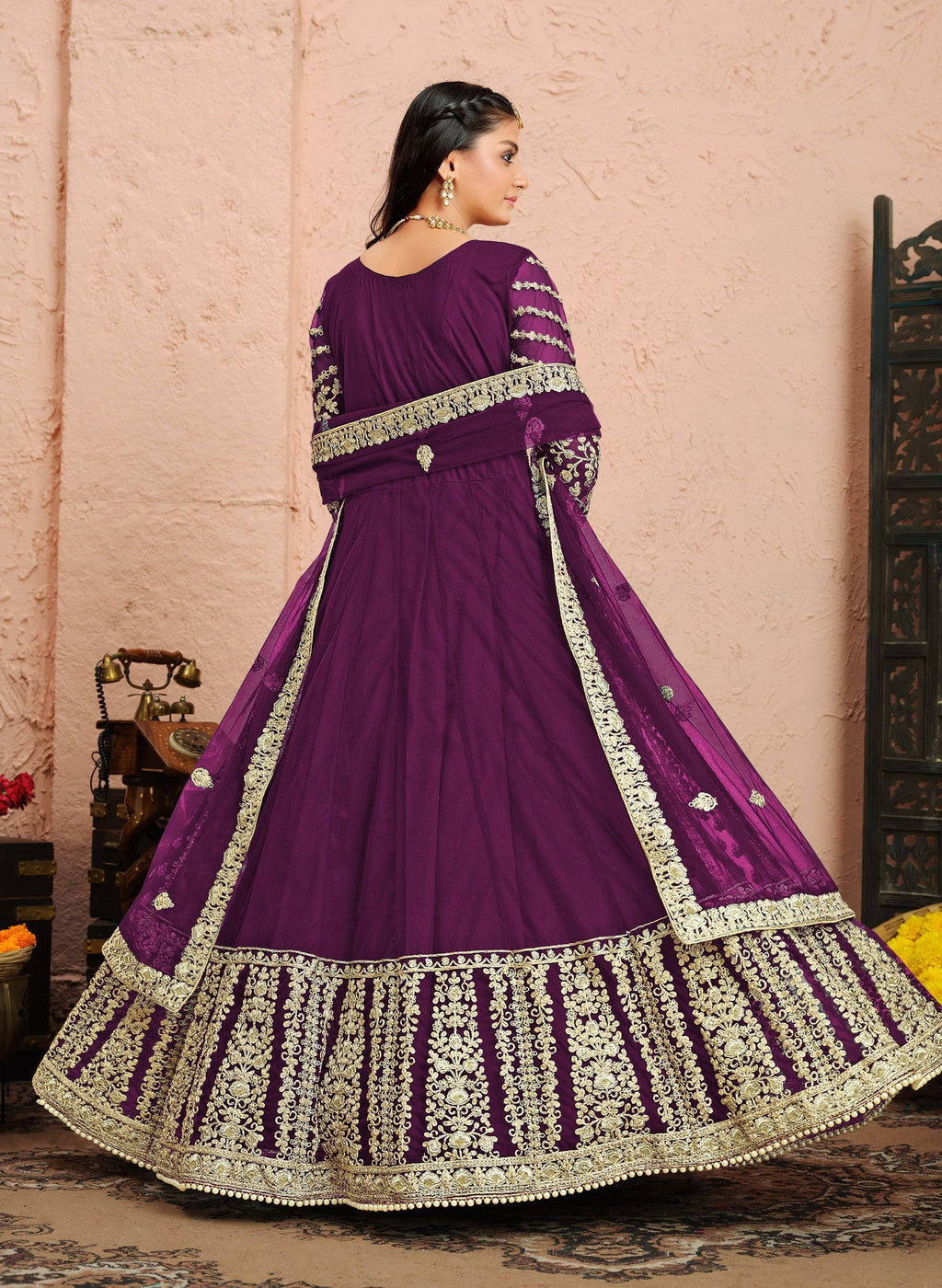 Anaita Purple Embroidered Net Anarkali Suit