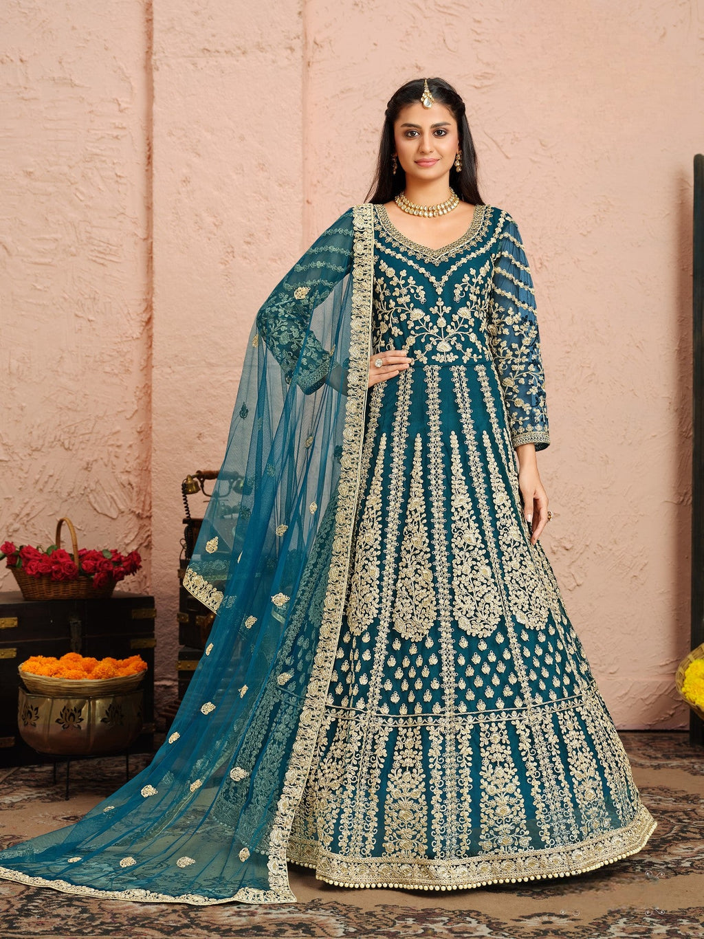 Anaita Teal Embroidered Net Anarkali Suit