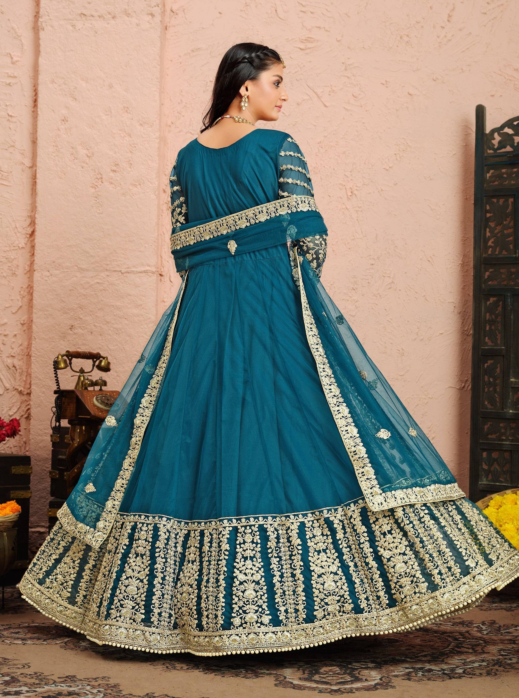 Anaita Teal Embroidered Net Anarkali Suit