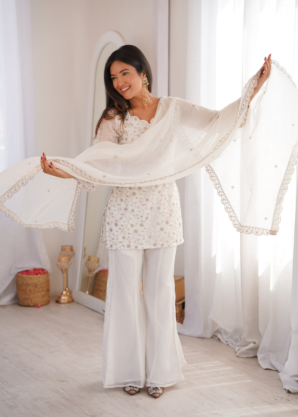 Lorenvalley Fashion Offwhite Crunchy Silk with Embroidery Sequence Jari work Kurta Bell Bottom Pant with Dupatta