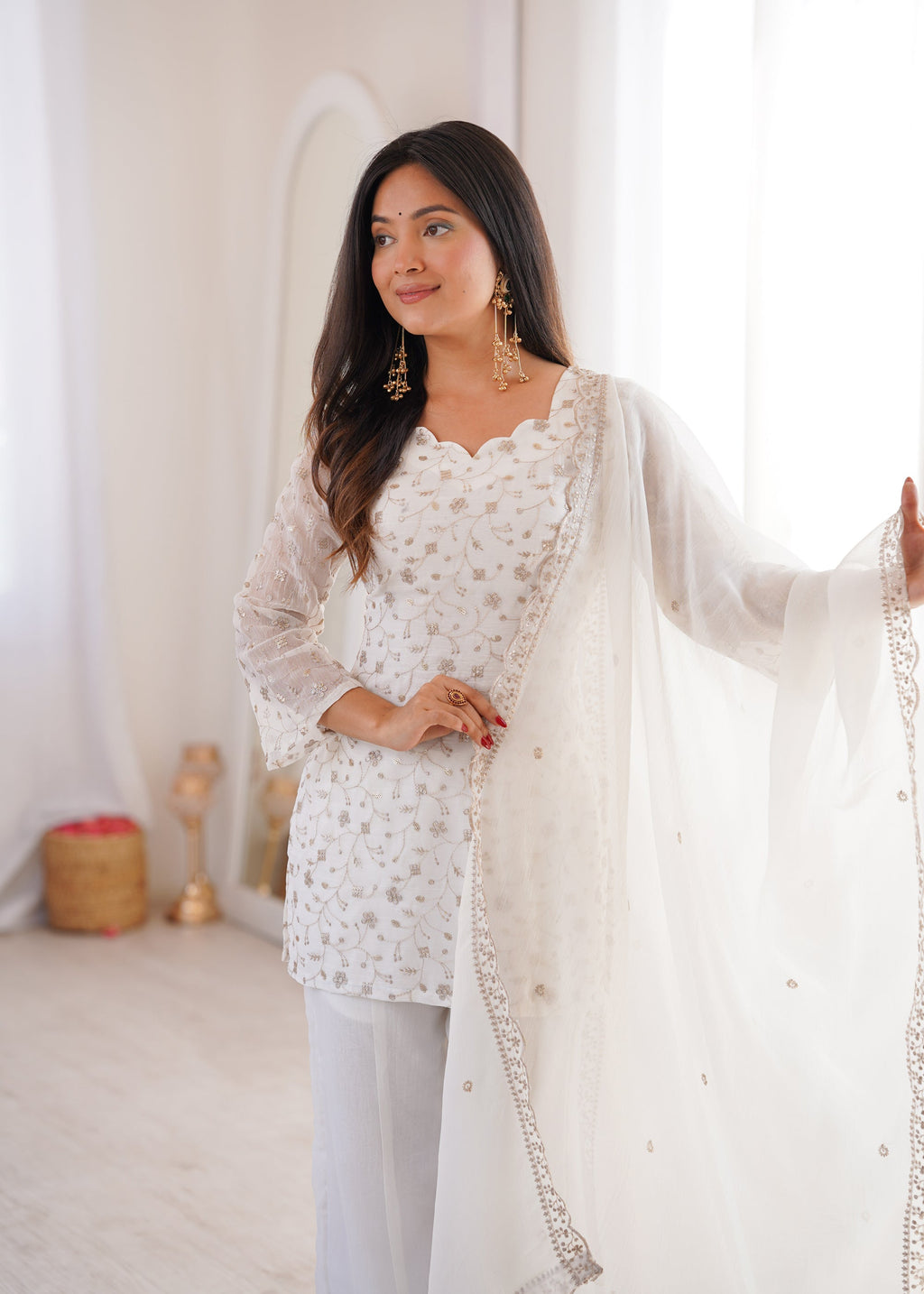 Lorenvalley Fashion Offwhite Crunchy Silk with Embroidery Sequence Jari work Kurta Bell Bottom Pant with Dupatta