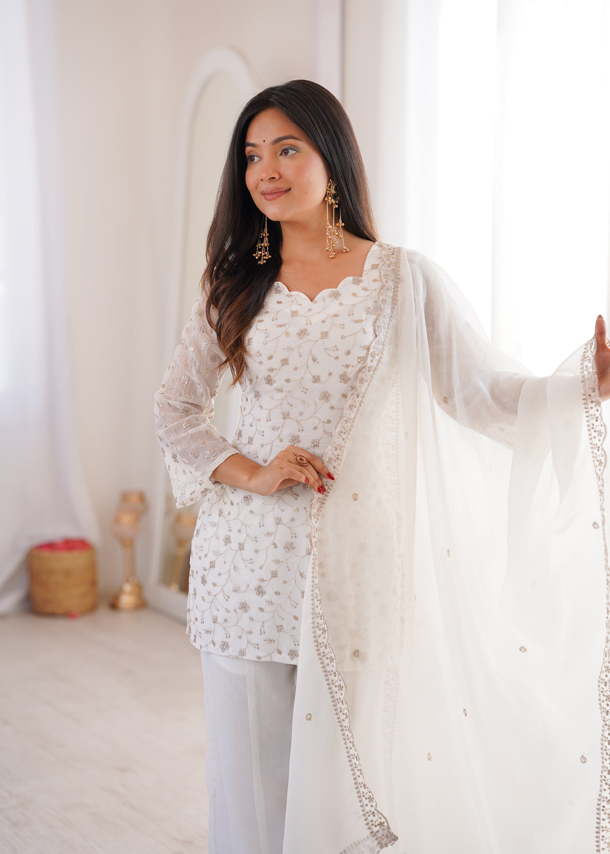 Lorenvalley Fashion Offwhite Crunchy Silk with Embroidery Sequence Jari work Kurta Bell Bottom Pant with Dupatta