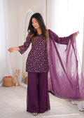 Lorenvalley Fashion Wine Crunchy Silk with Embroidery Sequence Jari work Kurta Bell Bottom Pant with Dupatta
