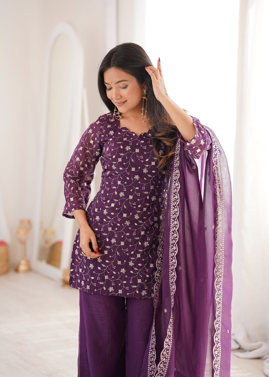 Lorenvalley Fashion Wine Crunchy Silk with Embroidery Sequence Jari work Kurta Bell Bottom Pant with Dupatta
