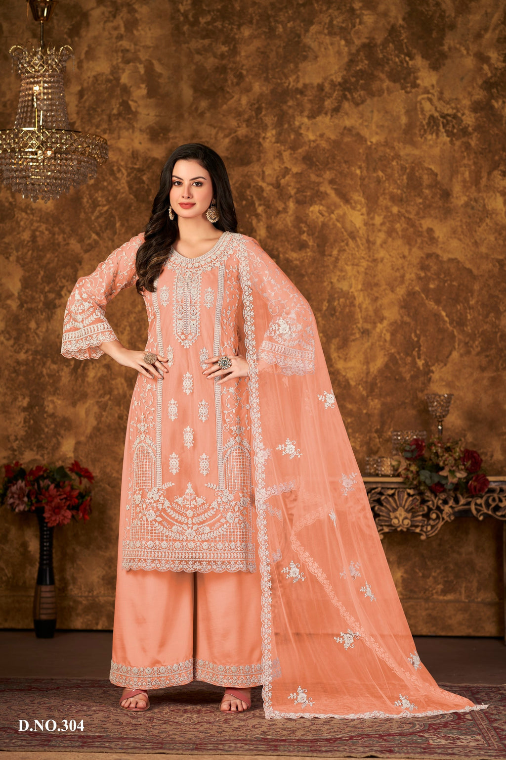 Anaita Orange Embroidered Net Plazzo Suit