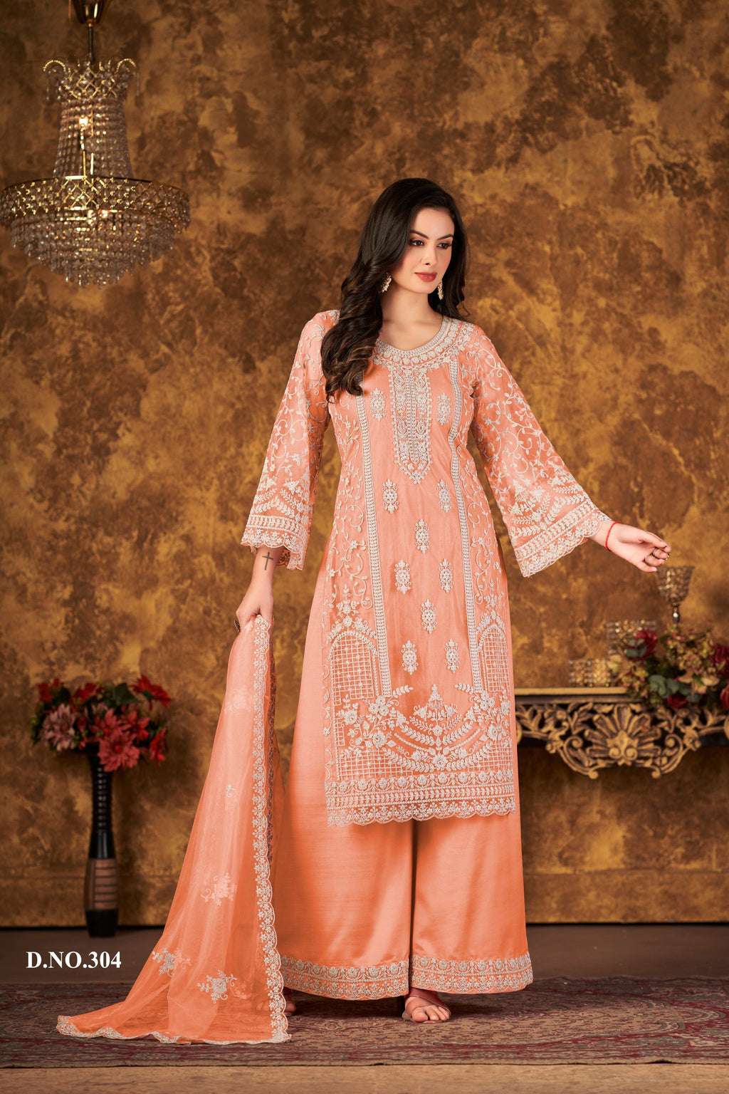 Anaita Orange Embroidered Net Plazzo Suit