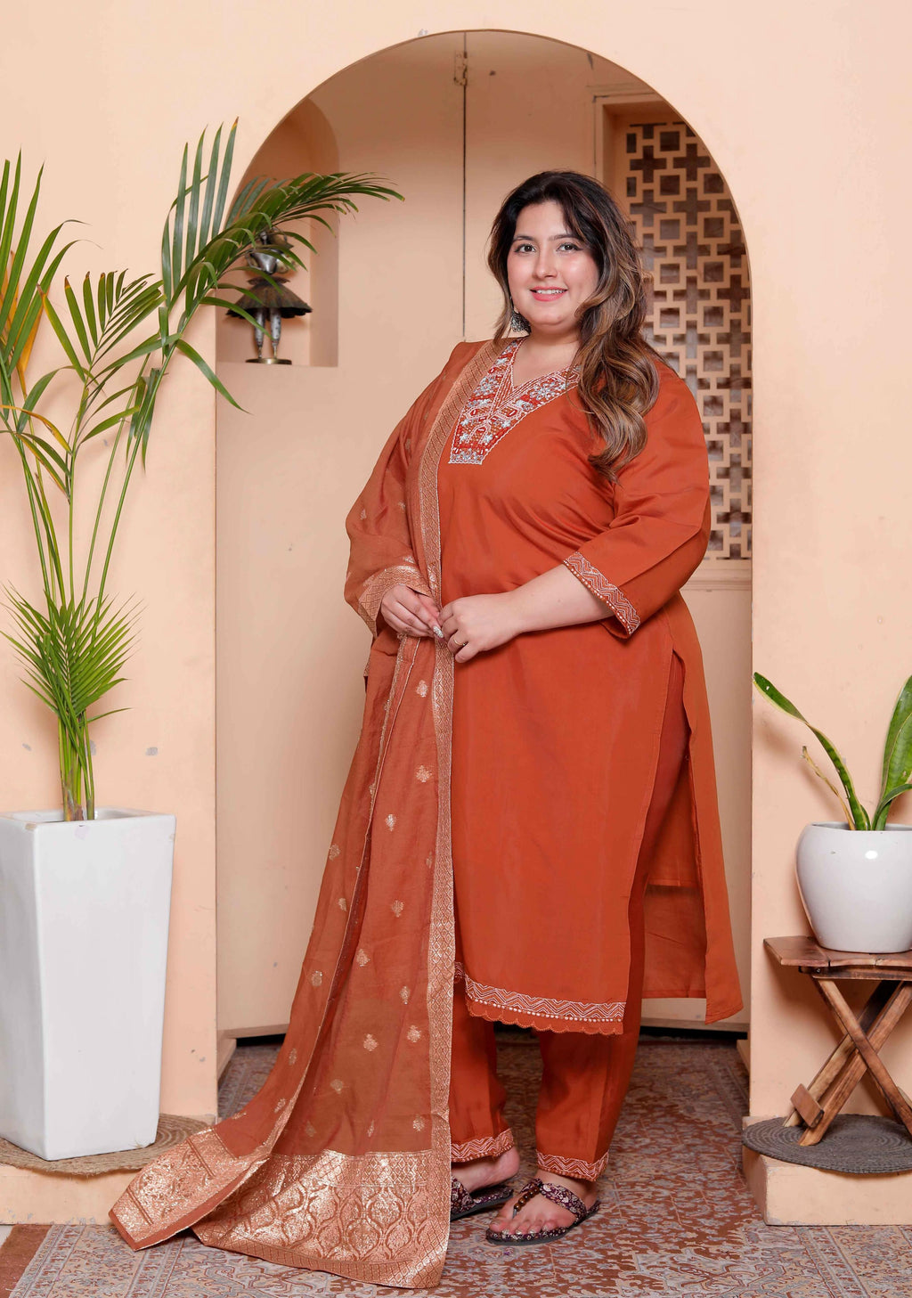 Miravan Women's Plus Size Orange Embroidered Straight Kurta with Palazzo and Dupatta set