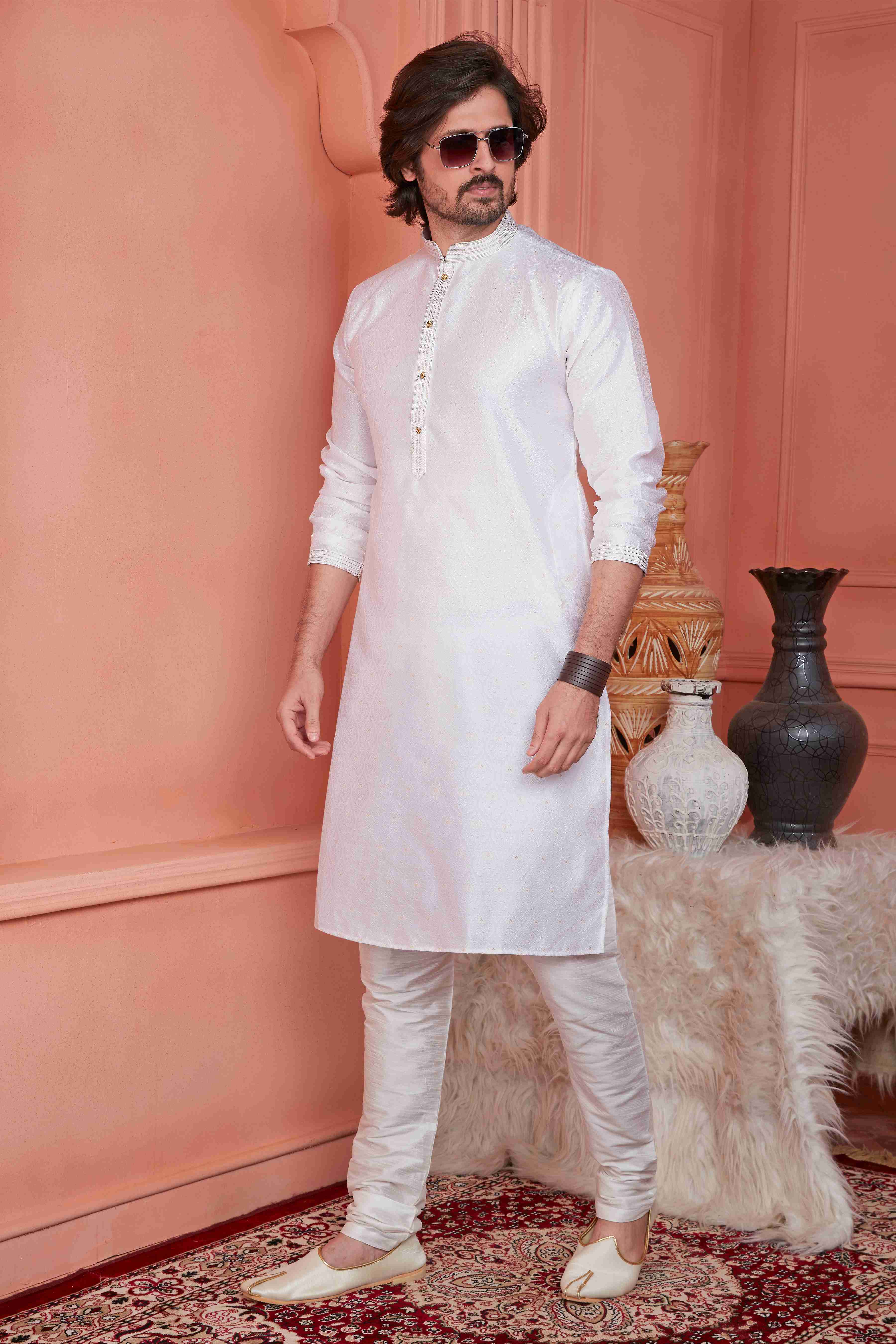 Raivat Ethnic Jacquard Silk Barcode Pintux Work Kurta Pajama In Baby Pink Colour