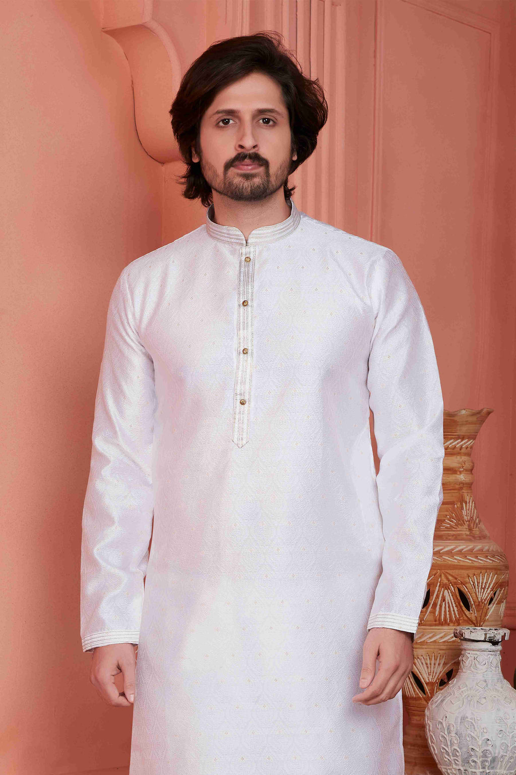 Raivat Ethnic Jacquard Silk Barcode Pintux Work Kurta Pajama In Baby Pink Colour