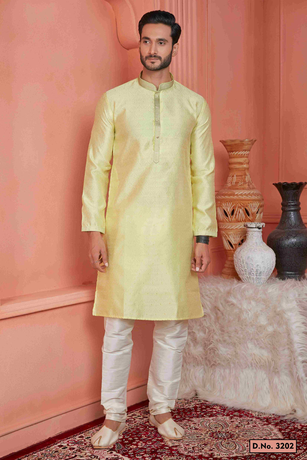 Raivat Ethnic Jacquard Banarasi Silk Pintux Work Kurta Pajama In Yellow Colour