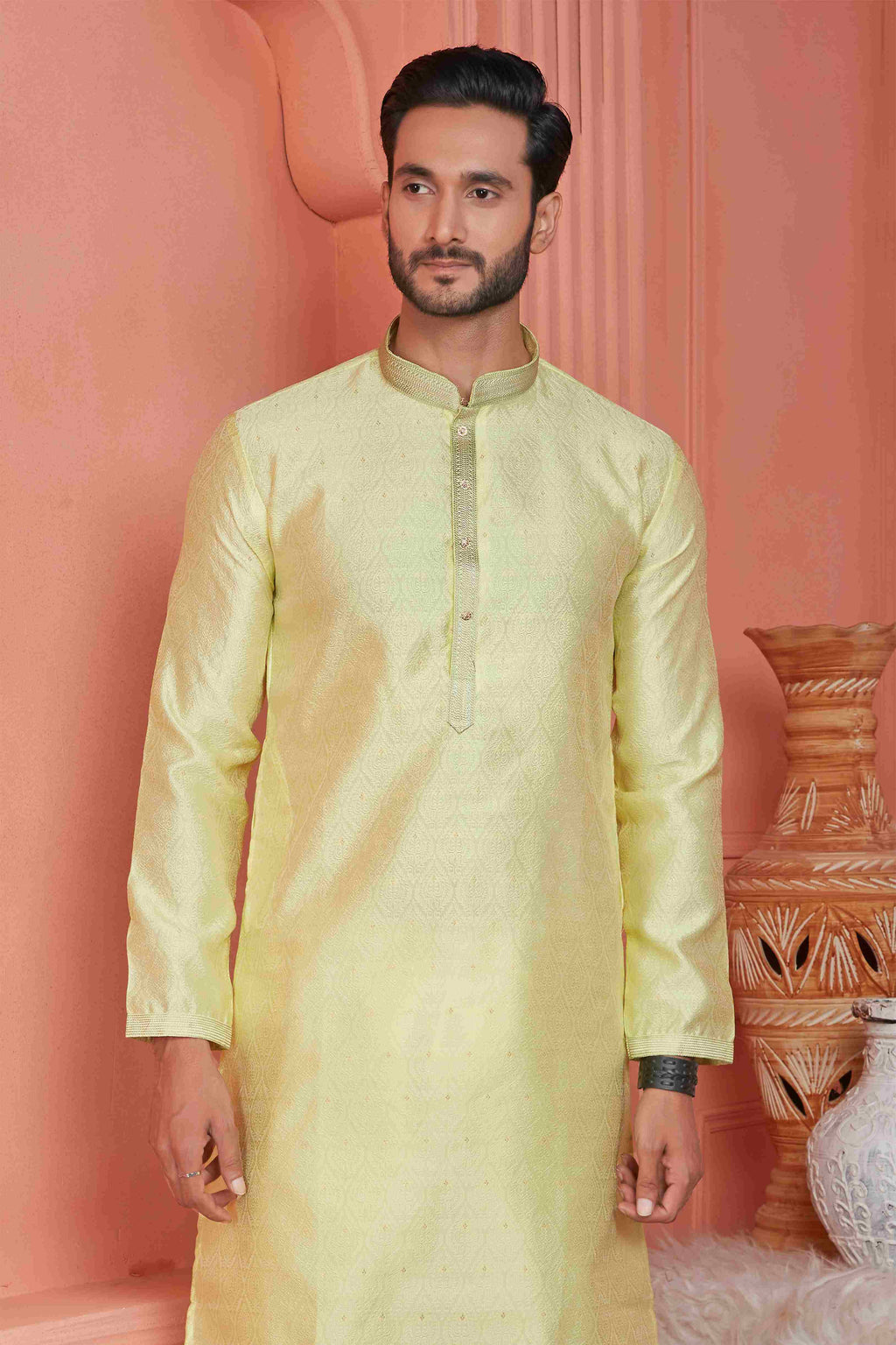 Raivat Ethnic Jacquard Banarasi Silk Pintux Work Kurta Pajama In Yellow Colour