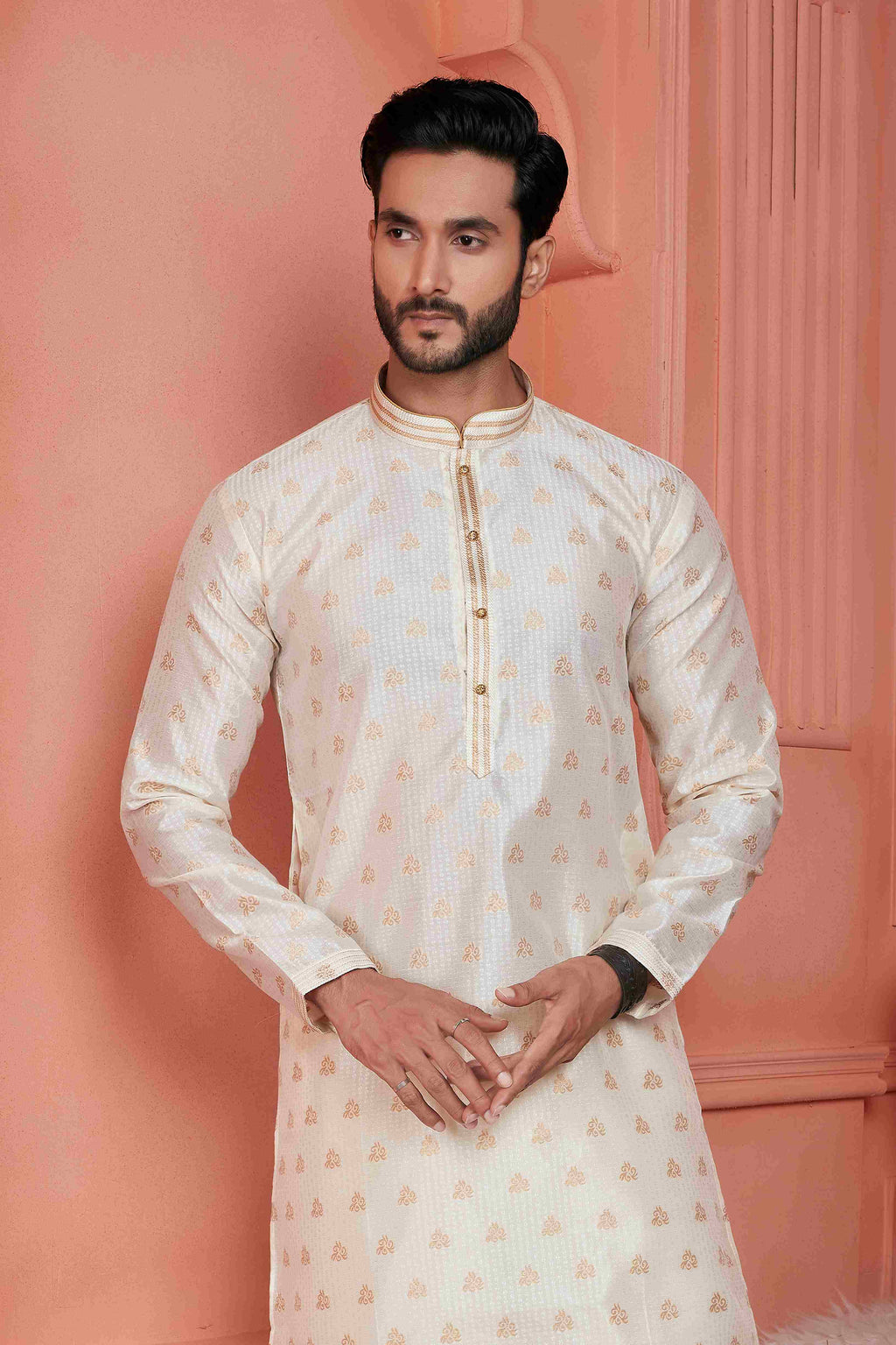 Raivat Ethnic Jacquard Banarasi Silk Pintux Work Kurta Pajama In Cream Colour