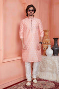 Raivat Ethnic Jacquard Banarasi Silk Pintux Work Kurta Pajama In Peach Colour