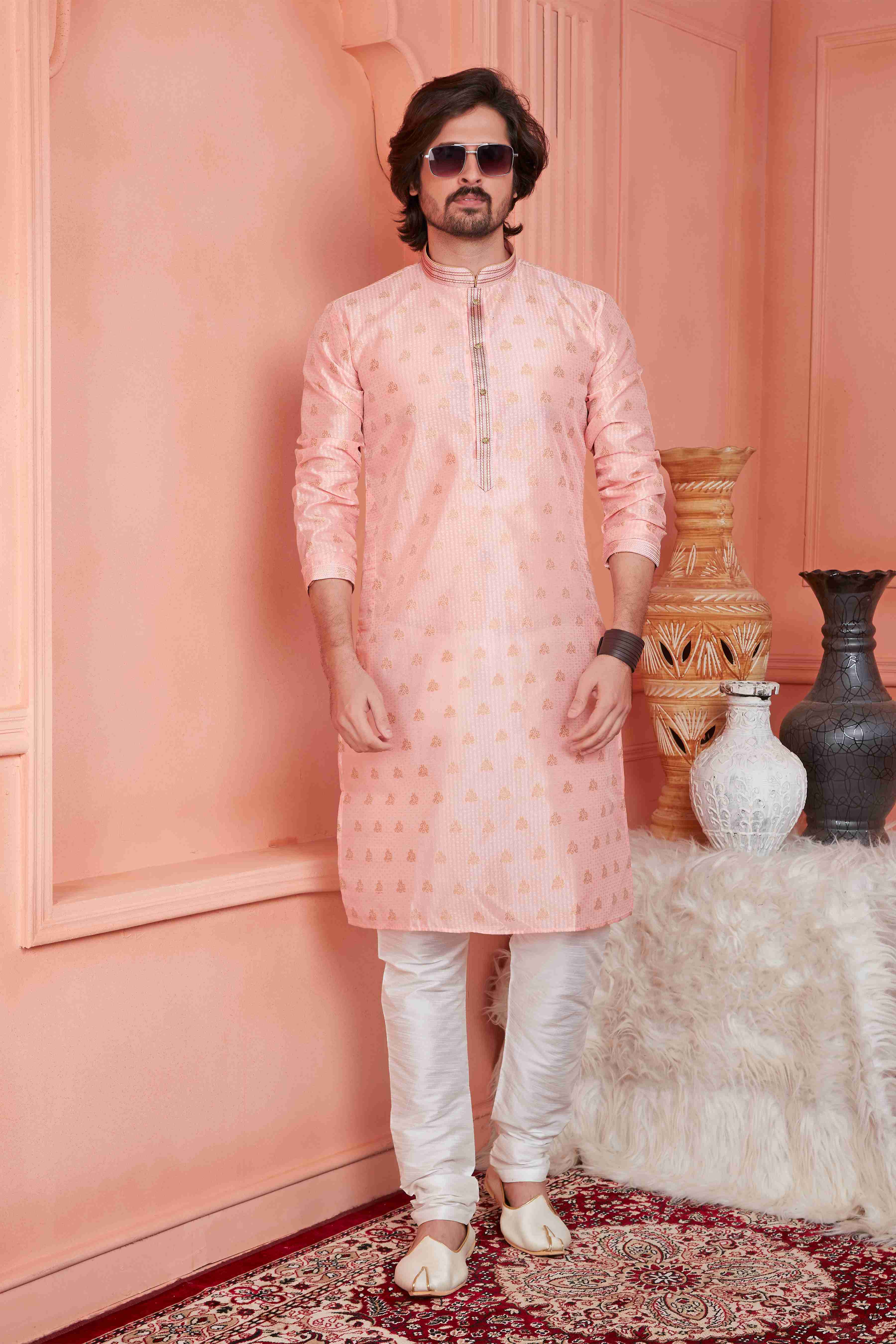 Raivat Ethnic Jacquard Banarasi Silk Pintux Work Kurta Pajama In Peach Colour