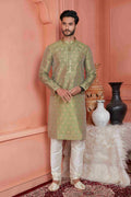 Raivat Ethnic Jacquard Banarasi Silk Pintux Work Kurta Pajama In Green Colour