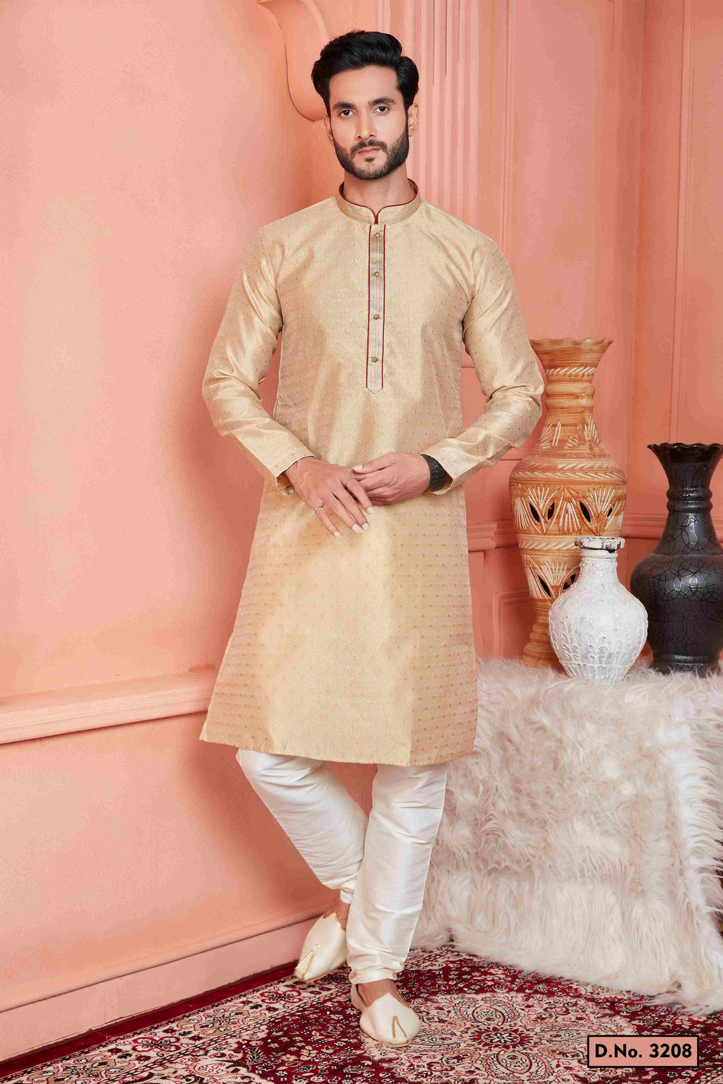 Raivat Ethnic Jacquard Banarasi Silk Pintux Work Kurta Pajama In Beige Colour