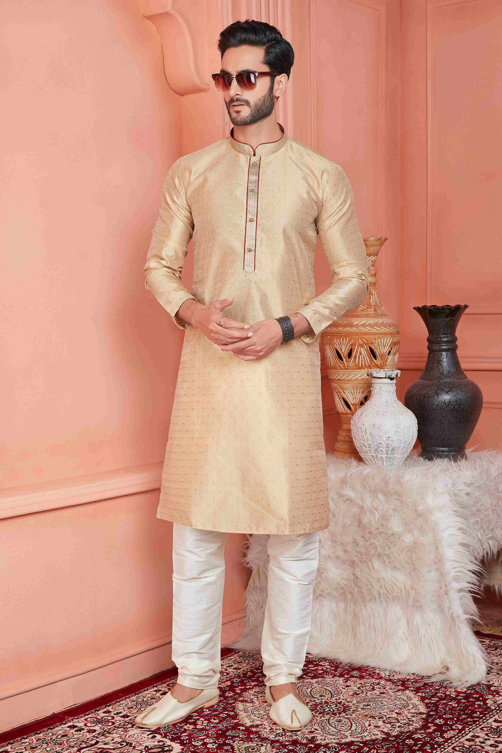 Raivat Ethnic Jacquard Banarasi Silk Pintux Work Kurta Pajama In Beige Colour