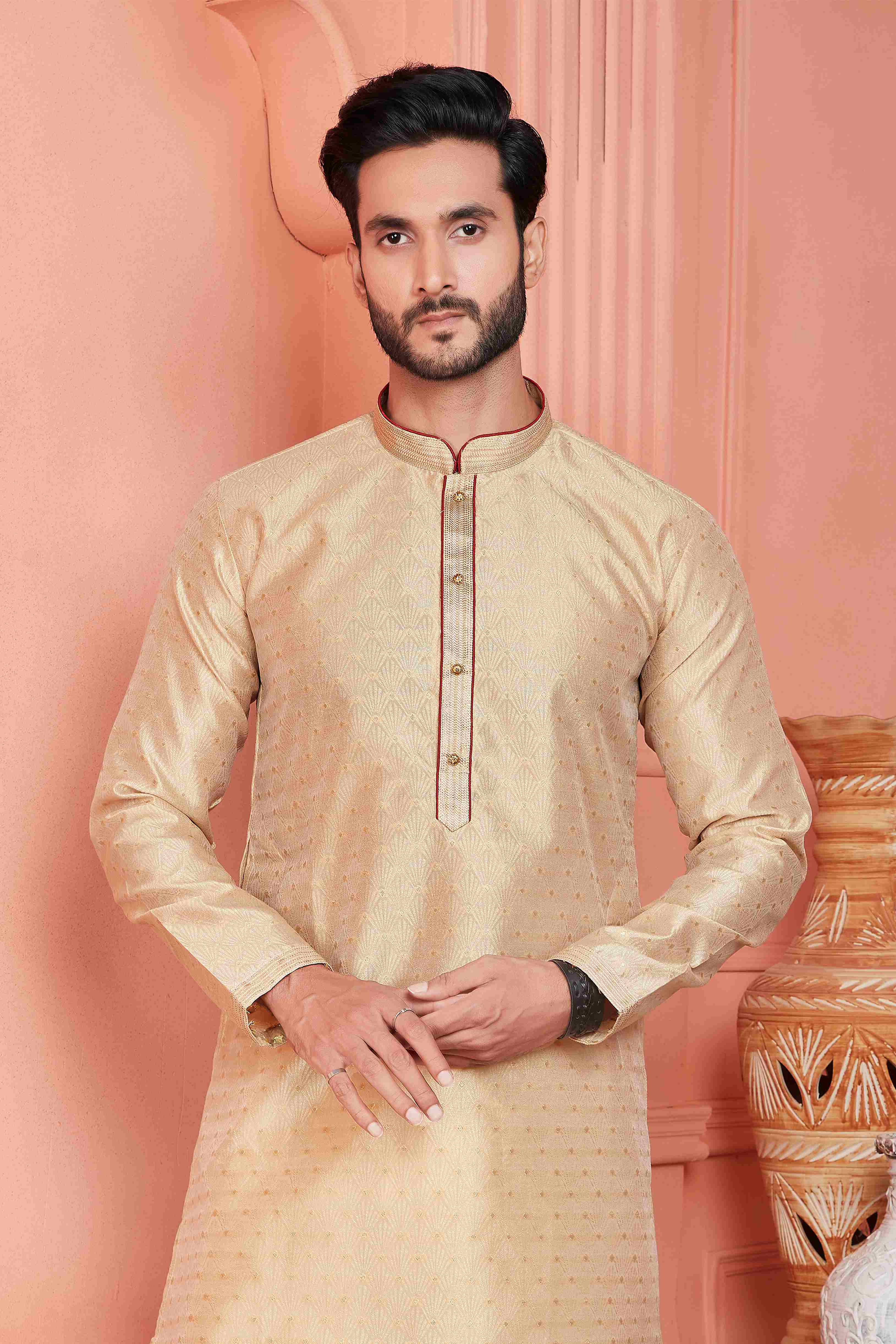 Raivat Ethnic Jacquard Banarasi Silk Pintux Work Kurta Pajama In Beige Colour