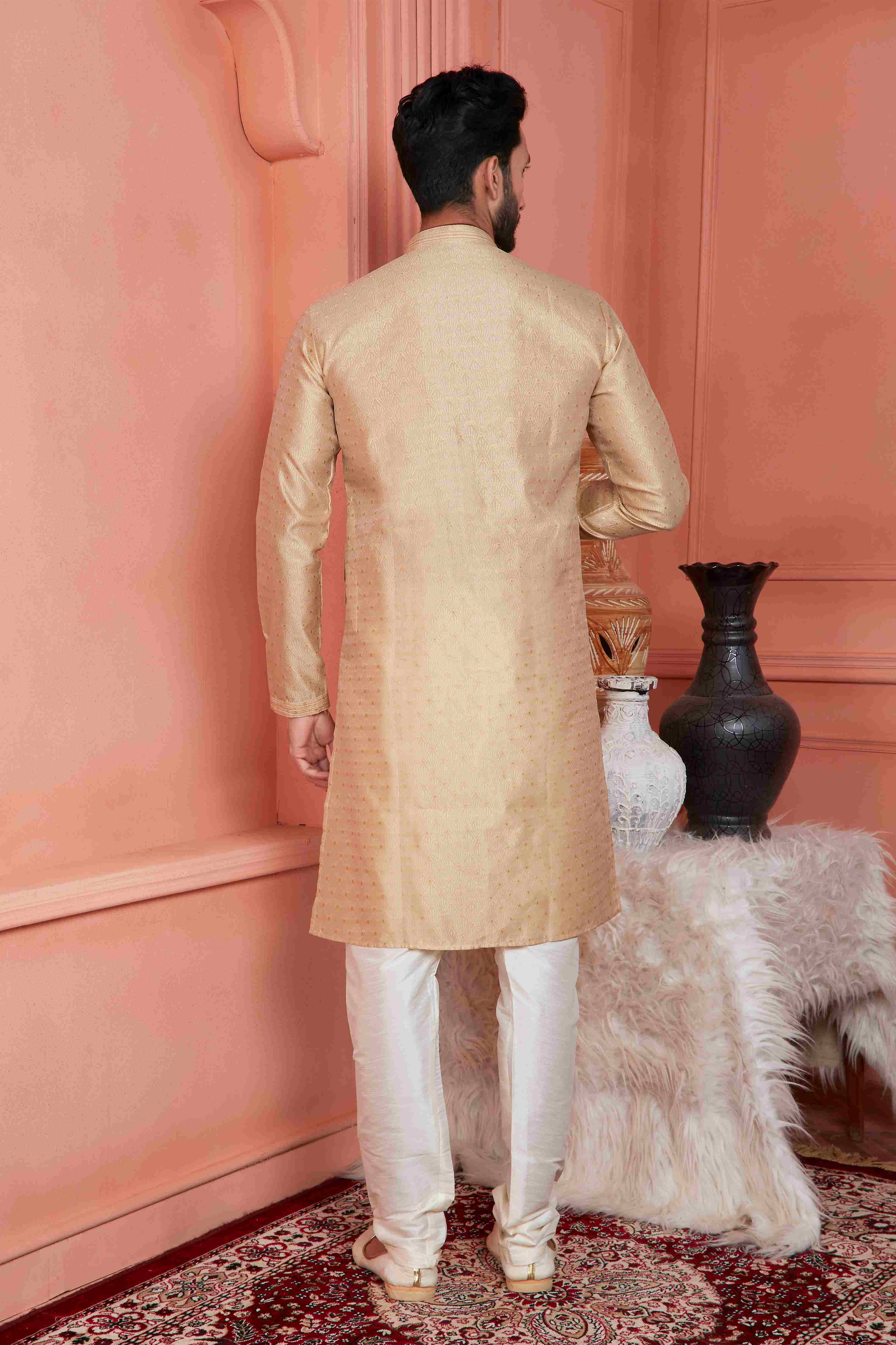 Raivat Ethnic Jacquard Banarasi Silk Pintux Work Kurta Pajama In Beige Colour