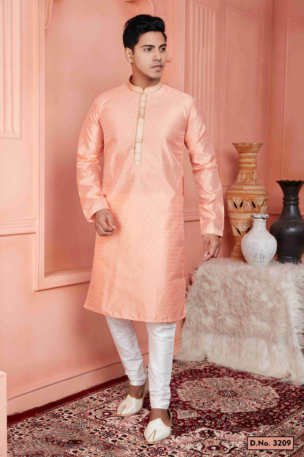 Raivat Ethnic Jacquard Banarasi Silk Pintux Work Kurta Pajama In Peach Colour