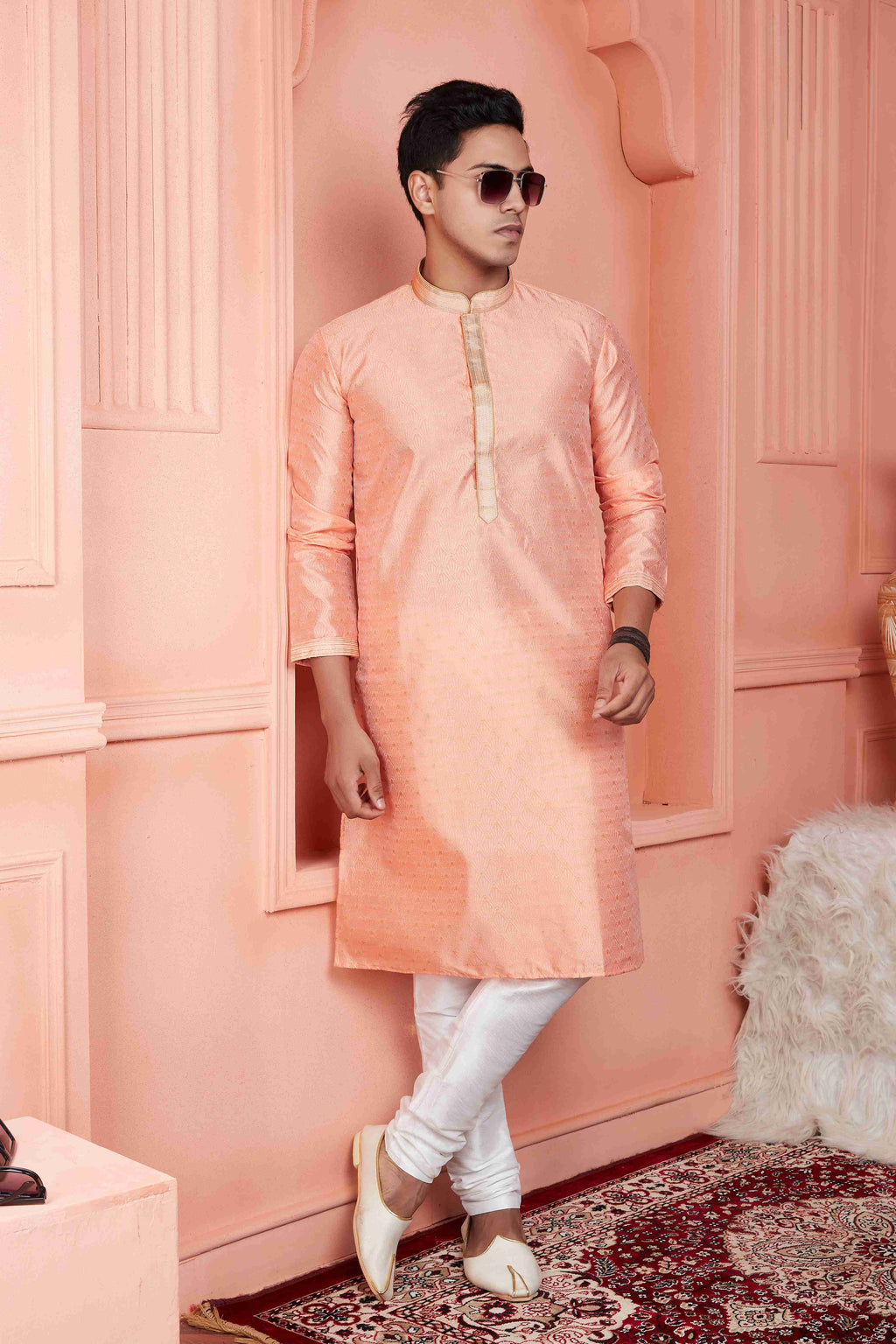 Raivat Ethnic Jacquard Banarasi Silk Pintux Work Kurta Pajama In Peach Colour