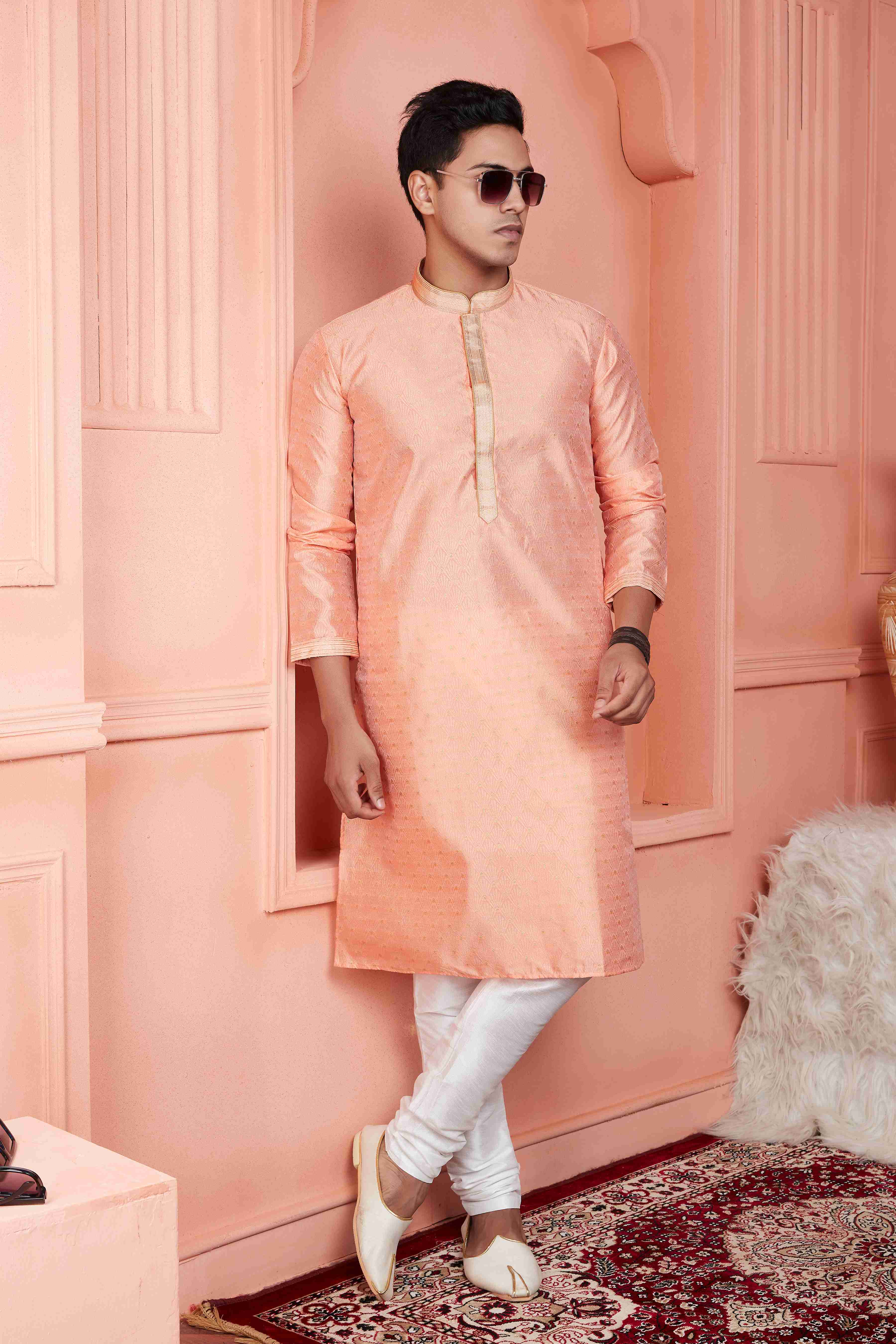 Raivat Ethnic Jacquard Banarasi Silk Pintux Work Kurta Pajama In Peach Colour